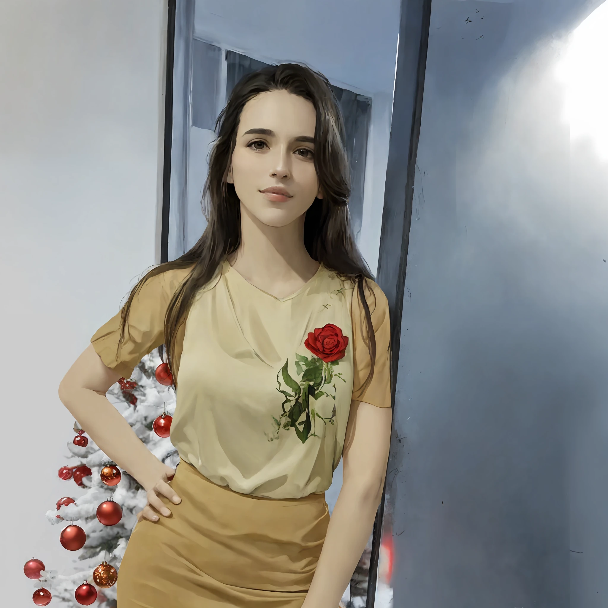 there is a woman standing in front of a christmas tree, fernanda suarez, Lorena Avarez, Valentina Embaralhamento, Alanis Guillen, andrea rocha, by Almeida Júnior, Adriana DXIM, Directed by: Nandor Soldier, Rosalia, linda senhora, by Amelia Peláez, Diego Dayer, mulher bonito