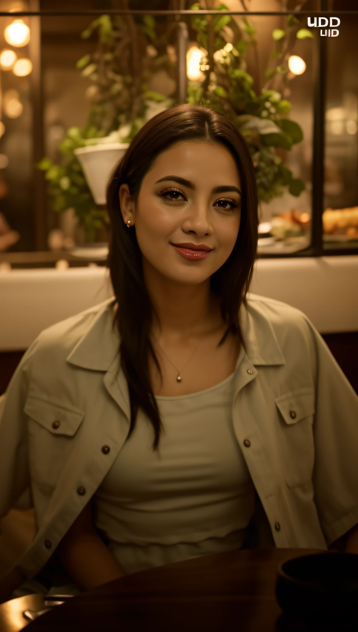Mulher sentada em um restaurante, detalhes intrincados, imagem de alta qualidade UHD, 4k.
