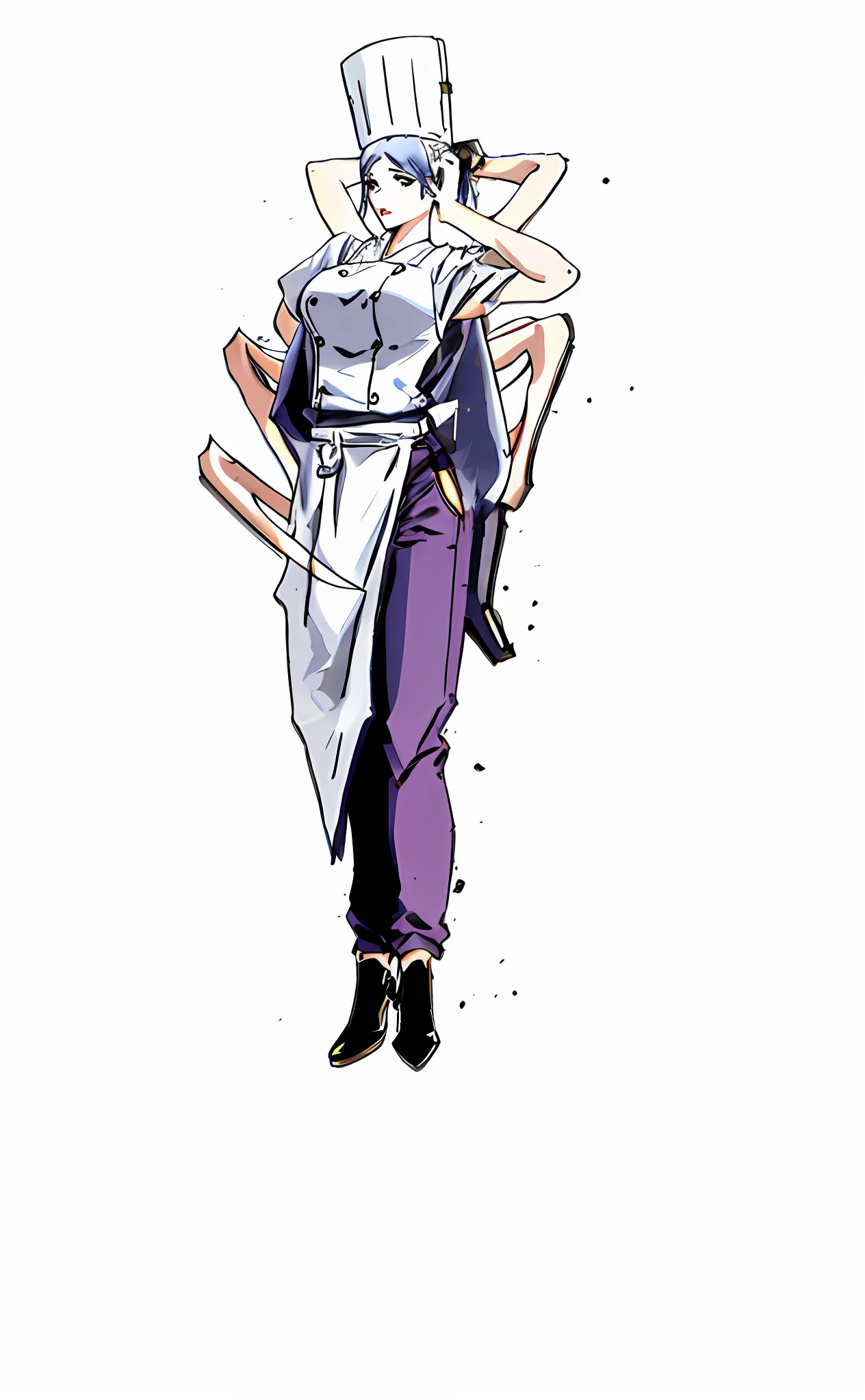 simplebackground，Plain white background on back，Full body standing painting，Anime character wearing purple pants in a white apron,full body concept, full body with costume，full body close-up shot, clear outfit design, full body wide shot, Head Chef，From the Chainsaw Man，Falling Demon，Multiple pairs of appendages，levitating