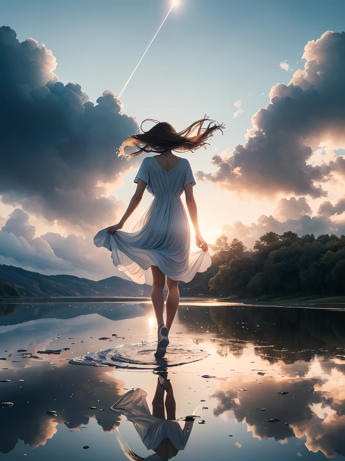 ((masterpiece)), best quality, realistic wallpaper 8 k, 1girl in a dress walking on water with splash, ripples, expressing joy, full shot, outdoors, cloudy sky, blue sky, reflection, mirror, lens flare