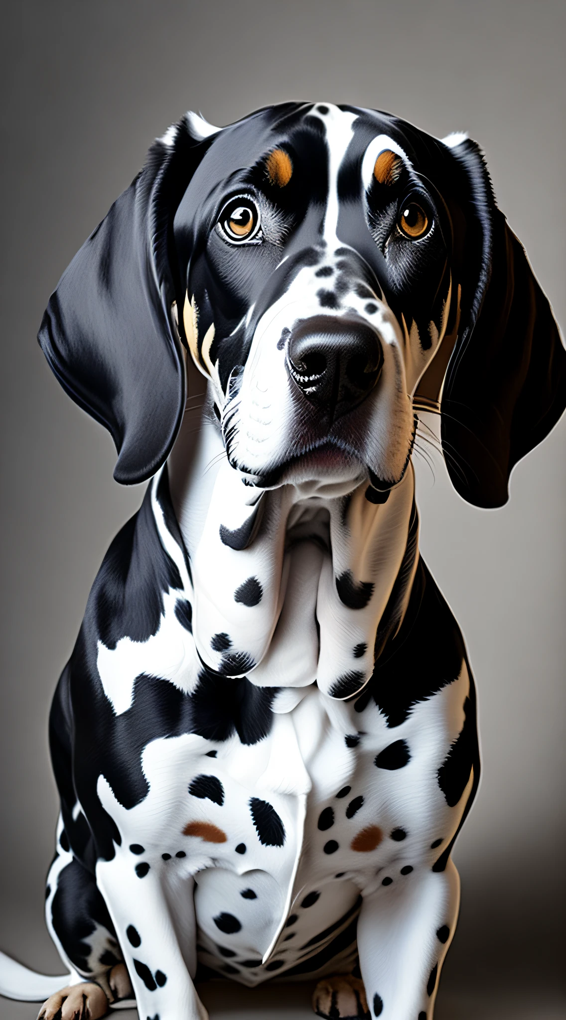 Dalmatians black and white, luz suave, retrato de close-up, olhos castanhos, Portrait of pets, black plush, com fundo claro e brilhante.