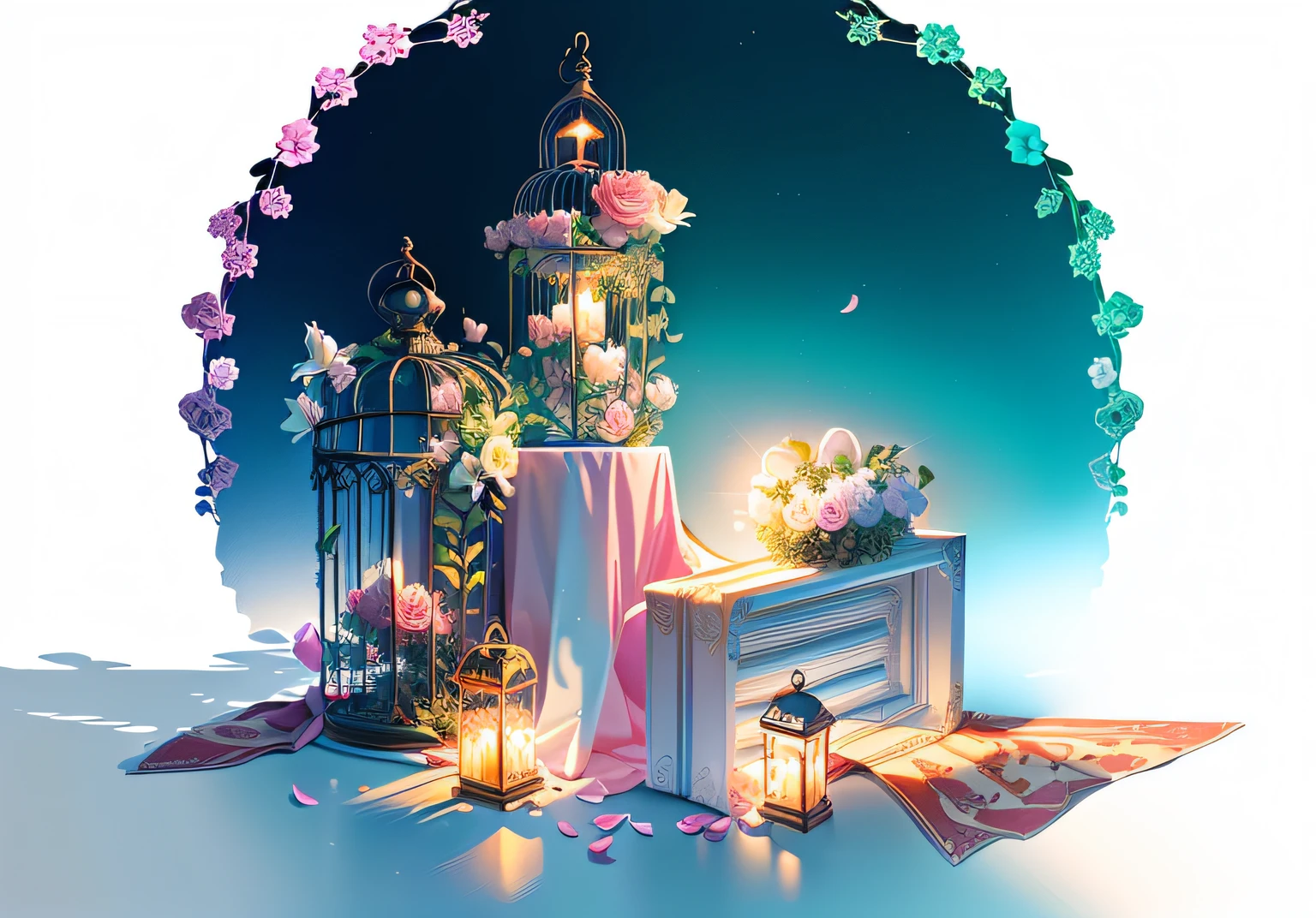 Wedding-related items，2D illustration，game design，Pink flowers，White birdcage，petals
