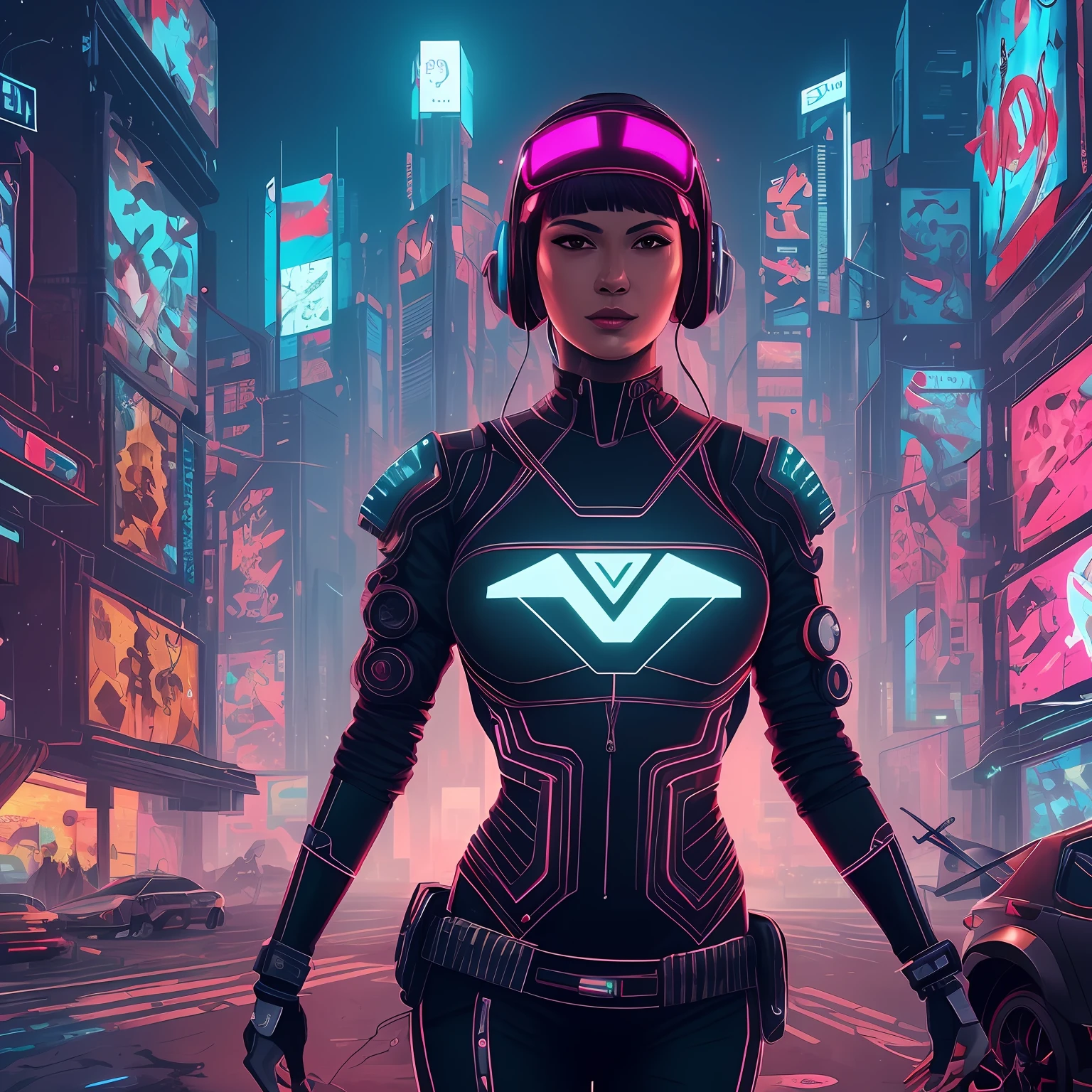 a woman in a futuristic suit stands in a city at night, estilo de arte cyberpunk, cyberpunk vibes, brilho cyberpunk brilhante, realista cyberpunk, vibe cyberpunk, estilo de arte cyberpunk, cyberpunk cores vibrantes, neon cyberpunk, cyberpunk with neon lighting, neon cyberpunk, advanced digital cyberpunk art, neon futurista cyberpunk, Arte Cyberpunk, cyberpunk futurista neo