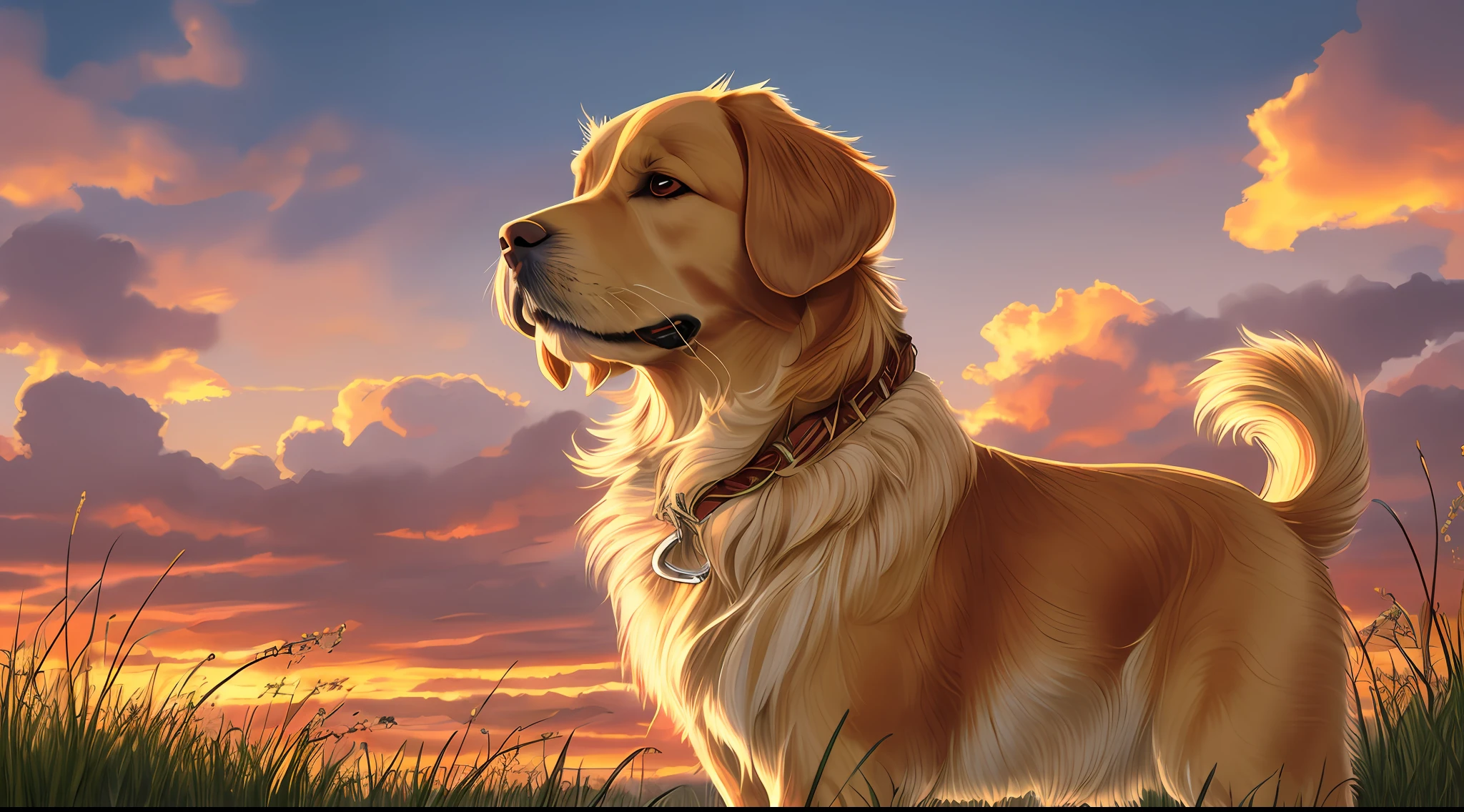 A realistic digital painting of a golden retriever standing on a grassy hill, with a beautiful sunset in the background. The dog has a friendly expression on its face and its fur is rendered in great detail, with shades of gold and cream. The sunlight illuminates the dog's face and chest, creating a warm and inviting atmosphere. The background consists of a vibrant orange and yellow sky, avec des nuages et des arbres en silhouette. The image is highly detailed and textured, avec des coups de pinceau visibles partout. The overall effect is a stunning and evocative portrayal of a beloved breed of dog in a beautiful natural setting. --auto --s2