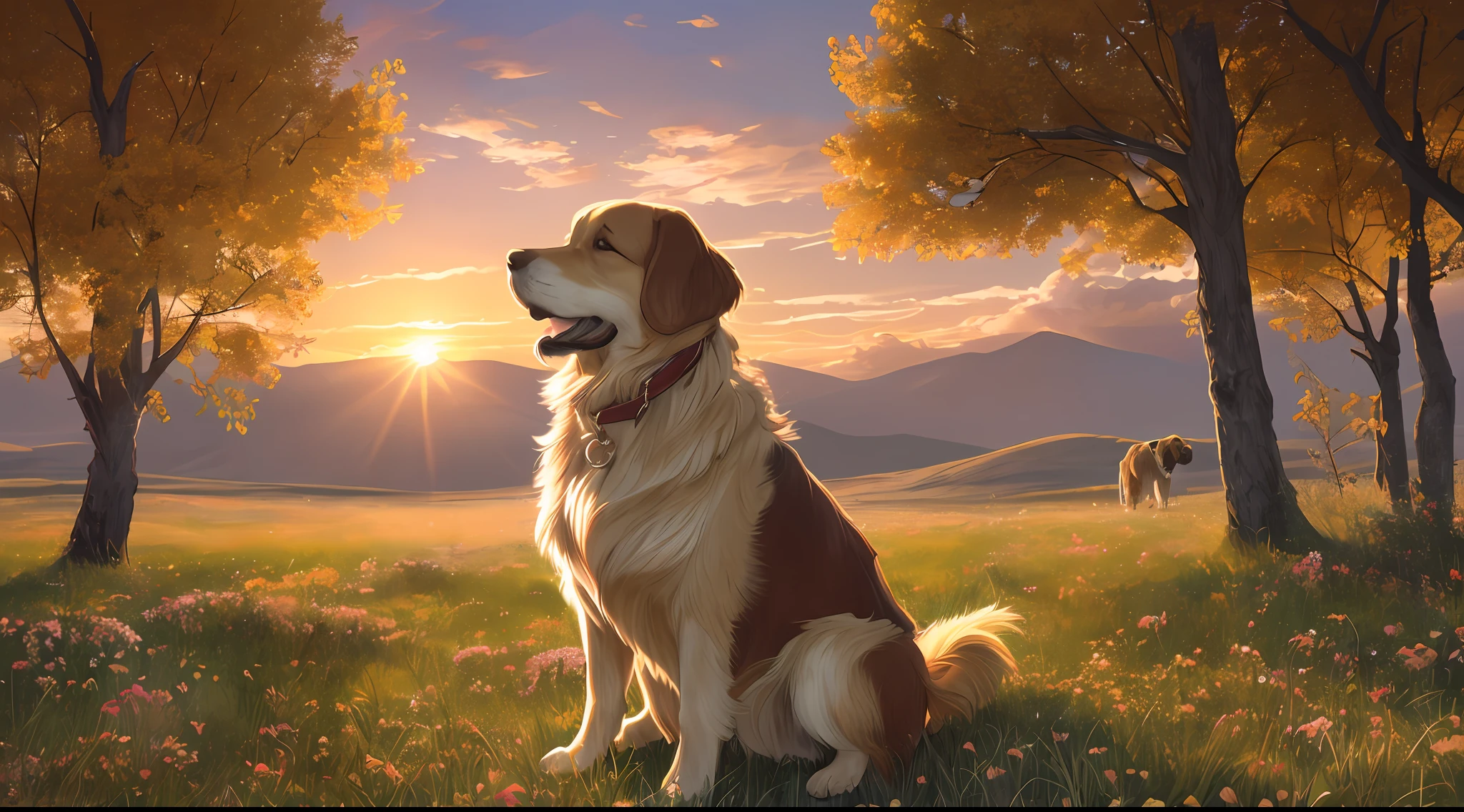 A realistic digital painting of a golden retriever standing on a grassy hill, with a beautiful sunset in the background. The dog has a friendly expression on its face and its fur is rendered in great detail, with shades of gold and cream. The sunlight illuminates the dog's face and chest, creating a warm and inviting atmosphere. The background consists of a vibrant orange and yellow sky, avec des nuages et des arbres en silhouette. The image is highly detailed and textured, avec des coups de pinceau visibles partout. The overall effect is a stunning and evocative portrayal of a beloved breed of dog in a beautiful natural setting. --auto --s2