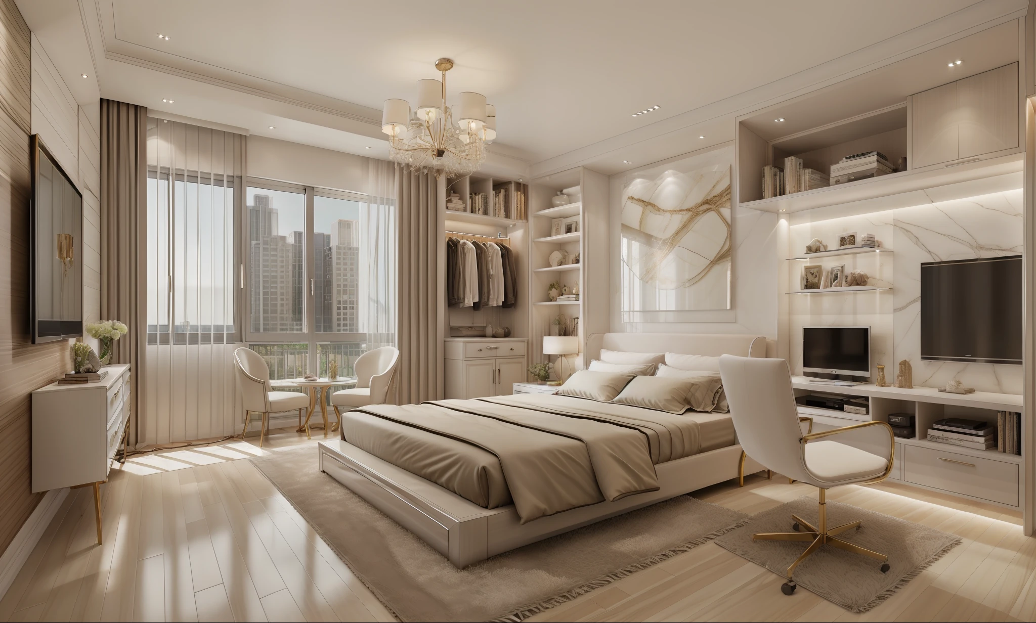 best quality, master picece, hyper detail, supper detail, best realistic, (modern bedroom, beautiful lighting, shimmering)|[dreamy:1.2+airy:0.9] --auto