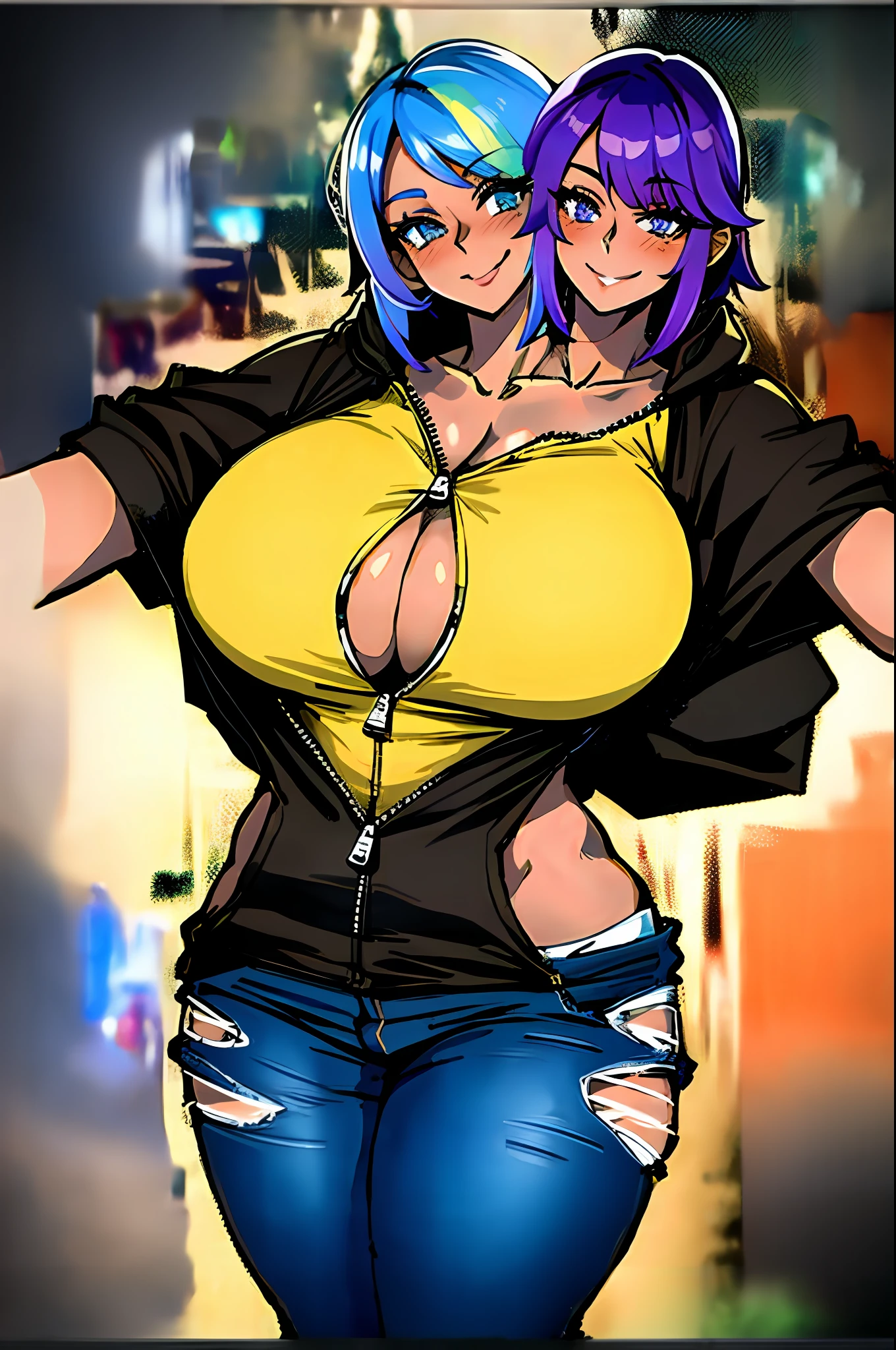 2heads, a chubby black woman with 2 heads. She has enormous breasts. She is wearing a zip-up hoodie. Her hoodie is unzipped. She is not wearing clothes beneath the hoodie. Her enormous breasts are exposed through the unzipped hoodie. She is wearing jeans. She has thick thighs. She has gigantic breasts. She is blushing. She is smiling. She looks seductive. Massive breasts. She has bright rainbow hair. She has brown skin.