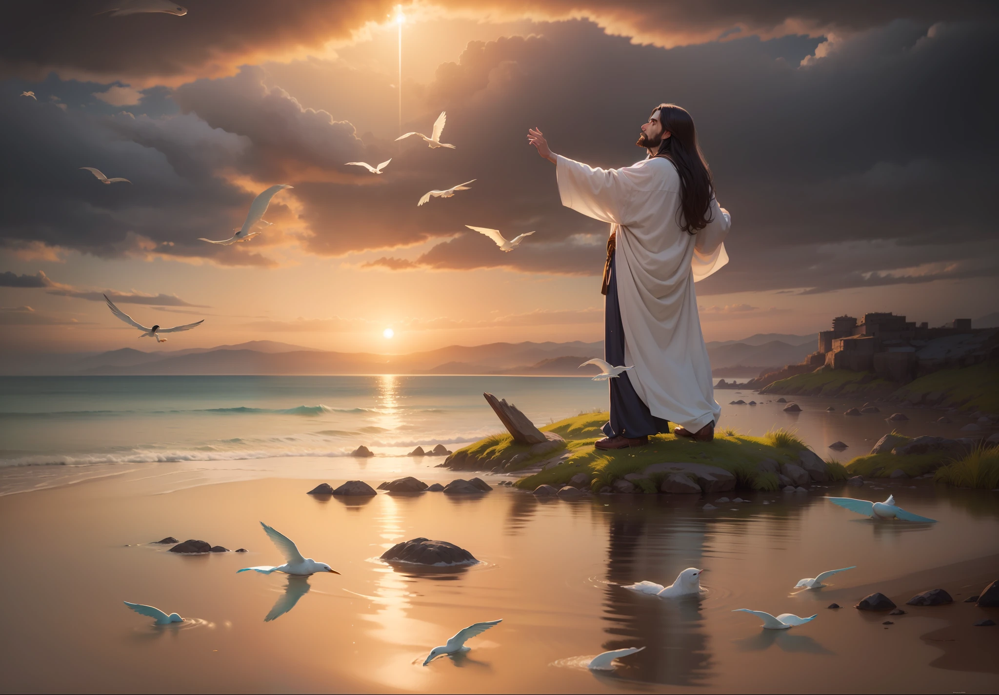 Jesus with a serious and determined expression , arte conceitual de Jesus Cristo, Personagem de corpo inteiro, arte conceitual do personagem, Jesus Cristo vestindo roupas celestiais brancas com pedras de safira, Deus vestindo traje espacial branco com pedras de safira e capa branca longa, Jesus Cristo como rei do universo, cosmos refletindo em sua coroa, Jesus como Deus