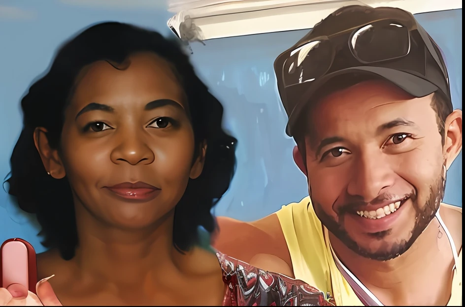 there are two people that are smiling and one is holding a cell phone, asya yoranova and alan lee, fujita goro and jones, 30-year-old woman from cuba, photo illustration, inspiration, sandra, photo portrait, actors, rodney matthew, by Gladys Dawson, by Elaine Hamilton, beautiful surroundings, portrait of two people, pilar