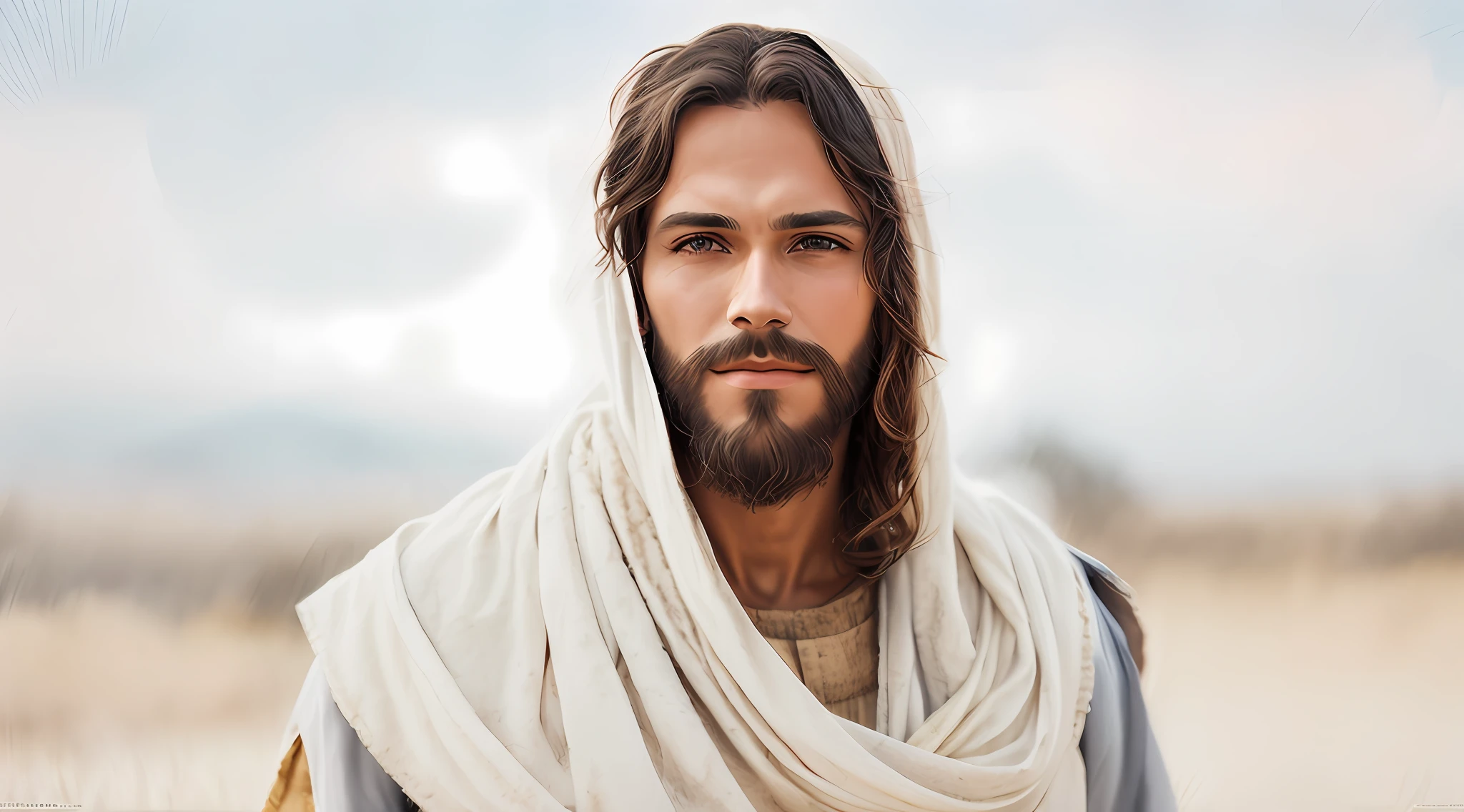 Man with beard and white shawl on his head, Jesus Cristo, Vestido como Jesus Cristo, jesus of nazareth, rosto de Jesus, Greg Olsen, Jesus, Nicodemos, Retrato de Jesus Cristo, O Senhor e Salvador, He's greeting you warmly, detalhes insanos, detalhes complexos, hiperdetalhados, altamente detalhados, realista, soft  Cinematic Light, DRH, foc afiado, elegante, altamente detalhado, fundo paraiso celestial nas nuvens com raios solares.
