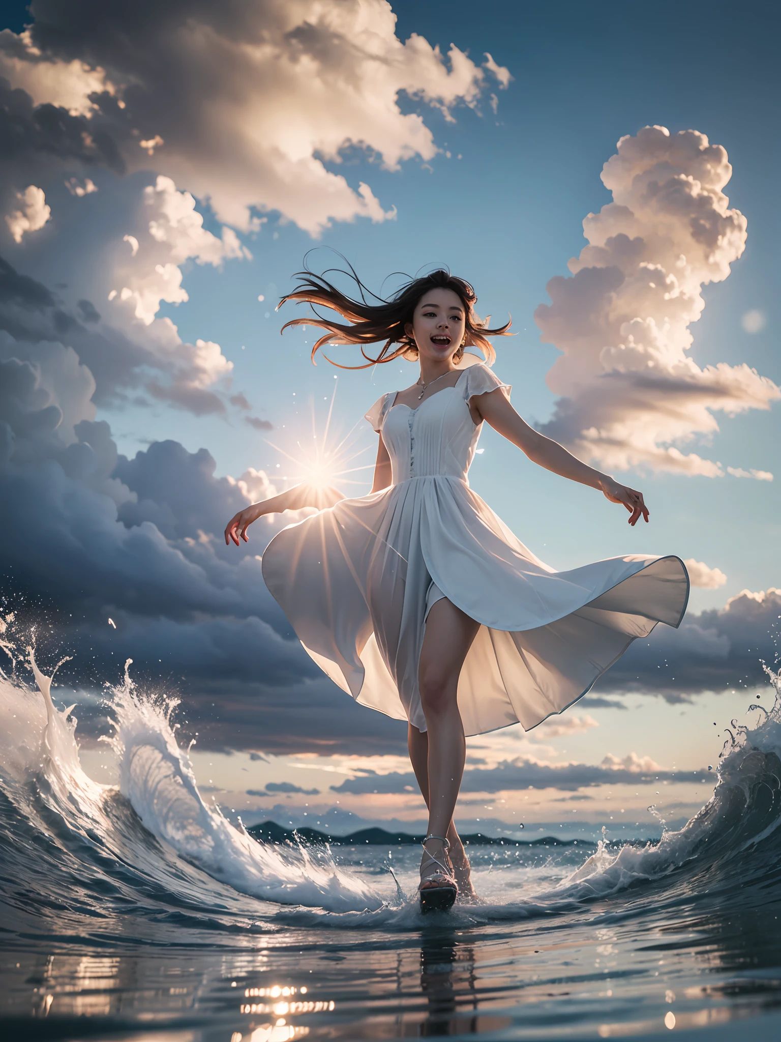 ((masterpiece)), best quality, realistic wallpaper 8 k, 1girl in a dress walking on water with splash, ripples, expressing joy, full shot, outdoors, cloudy sky, blue sky, reflection, mirror, lens flare