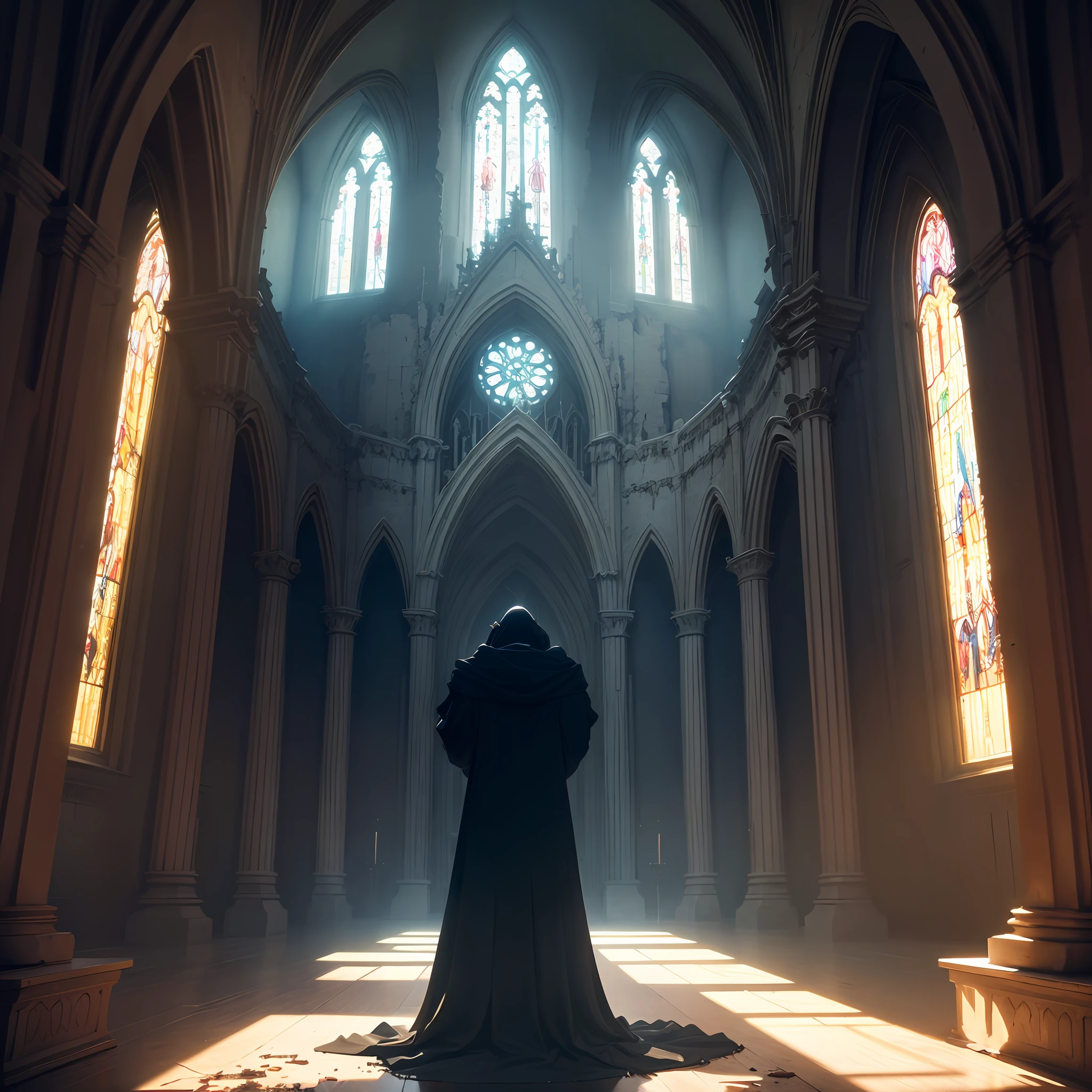 Inside a corrupted cathedral where angels and demons are fighting, dark gloomy, twisted shadows, stained glass, volumetric lighting, textured, 8k