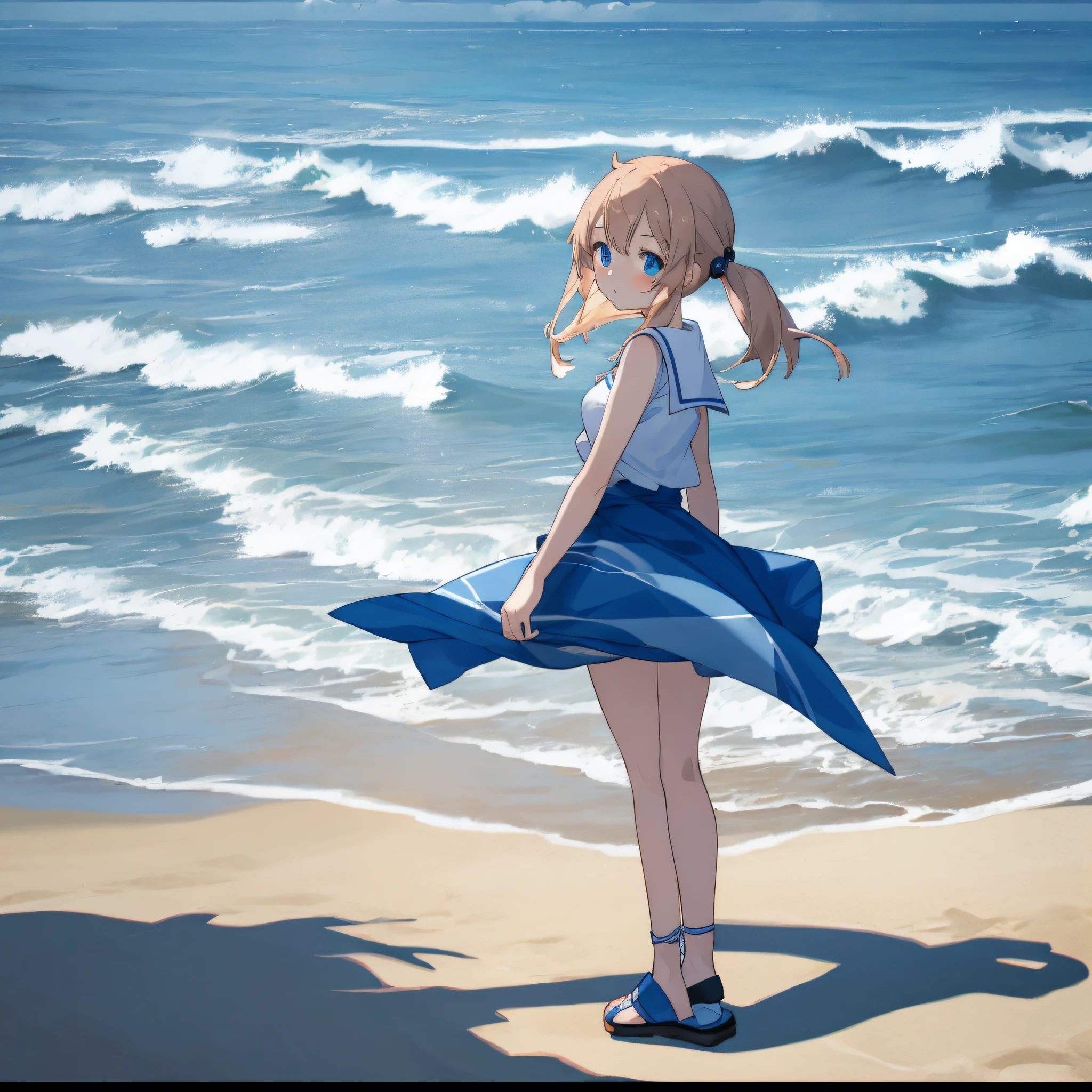White-haired girl with blue eyes on the beach