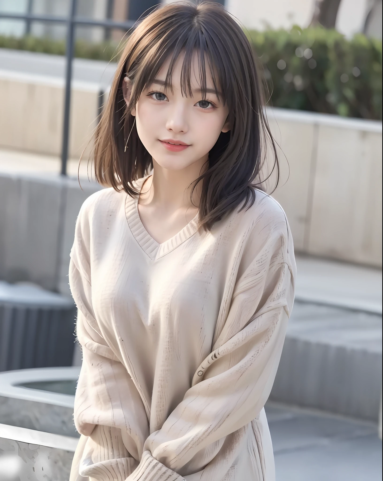 Full body, gray hair, (Dragoon: 1.2), Brant Bang, masterpiece, top quality, official art, very elaborate CG Unity 8K wallpaper, for girls, ultra high resolution, (photorealistic: 1.4), golden hour lighting, sweater dress, (upper body), (platinum shorthair: 0.8), (puffy eyes), looking at the viewer, frontal, smile, medium breasts, shirt lift, Gloves