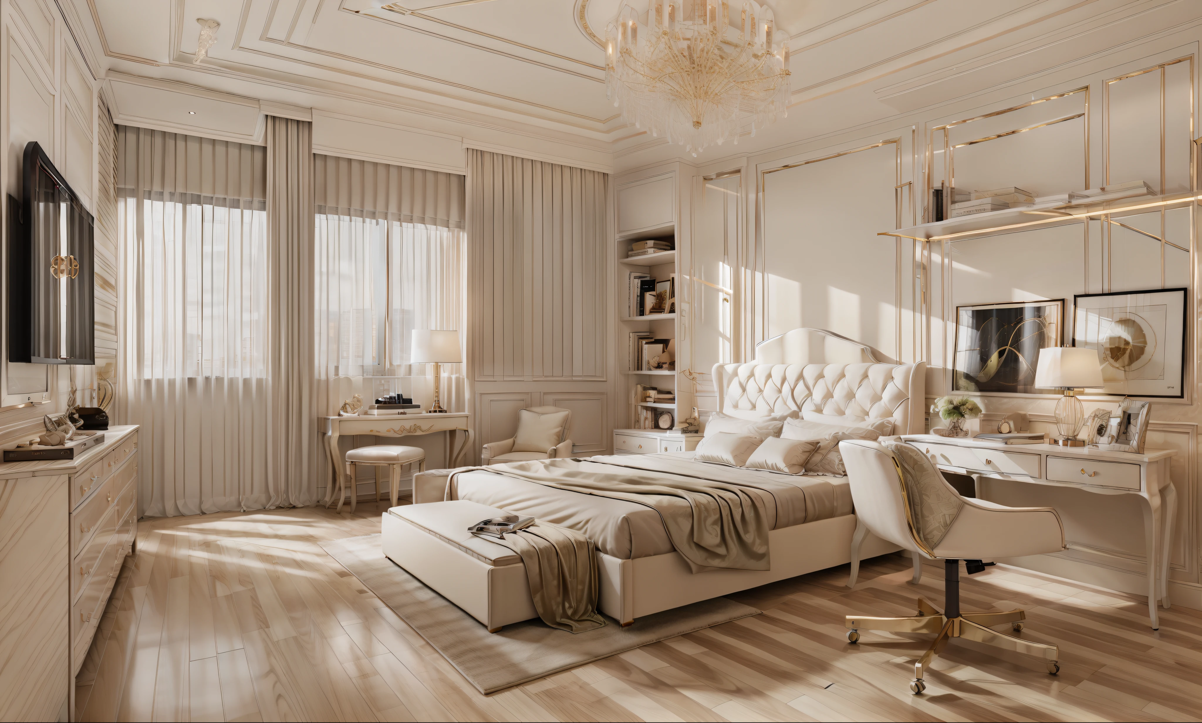 best quality, master picece, hyper detail, supper detail, best realistic, (classical bedroom, beautiful lighting, shimmering)|[dreamy:1.2+airy:0.9] --auto