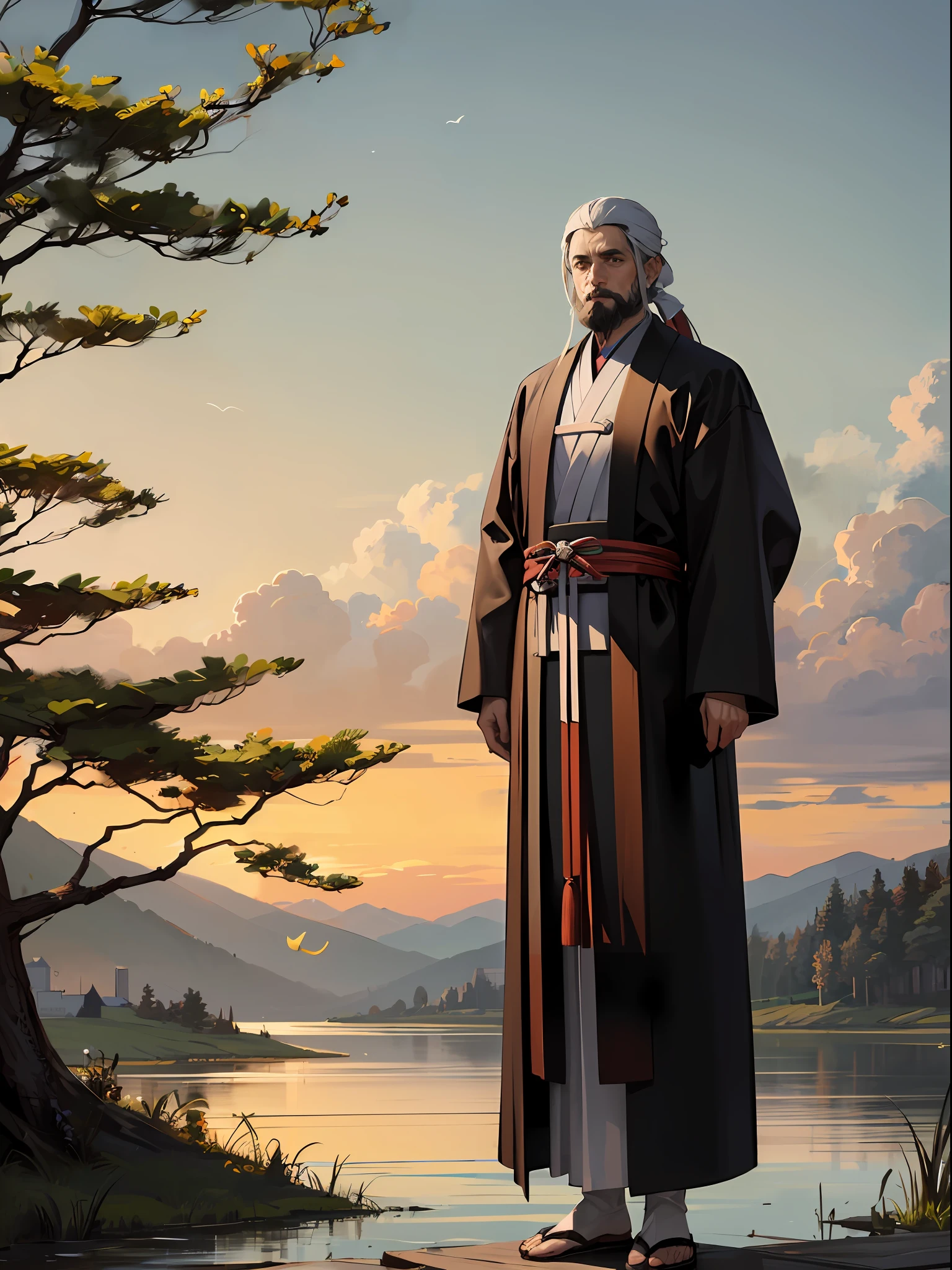 a picture of a man with a beard and a beard standing in front of a lake, Taoist master, Taoist, riichi ueshiba, feng shu, Photographic quality, Inspired by Hu Zaobin, Inspired by Cao Zhibai, classic, Ancient Chinese monks，Live-action photo，8K quality --auto
