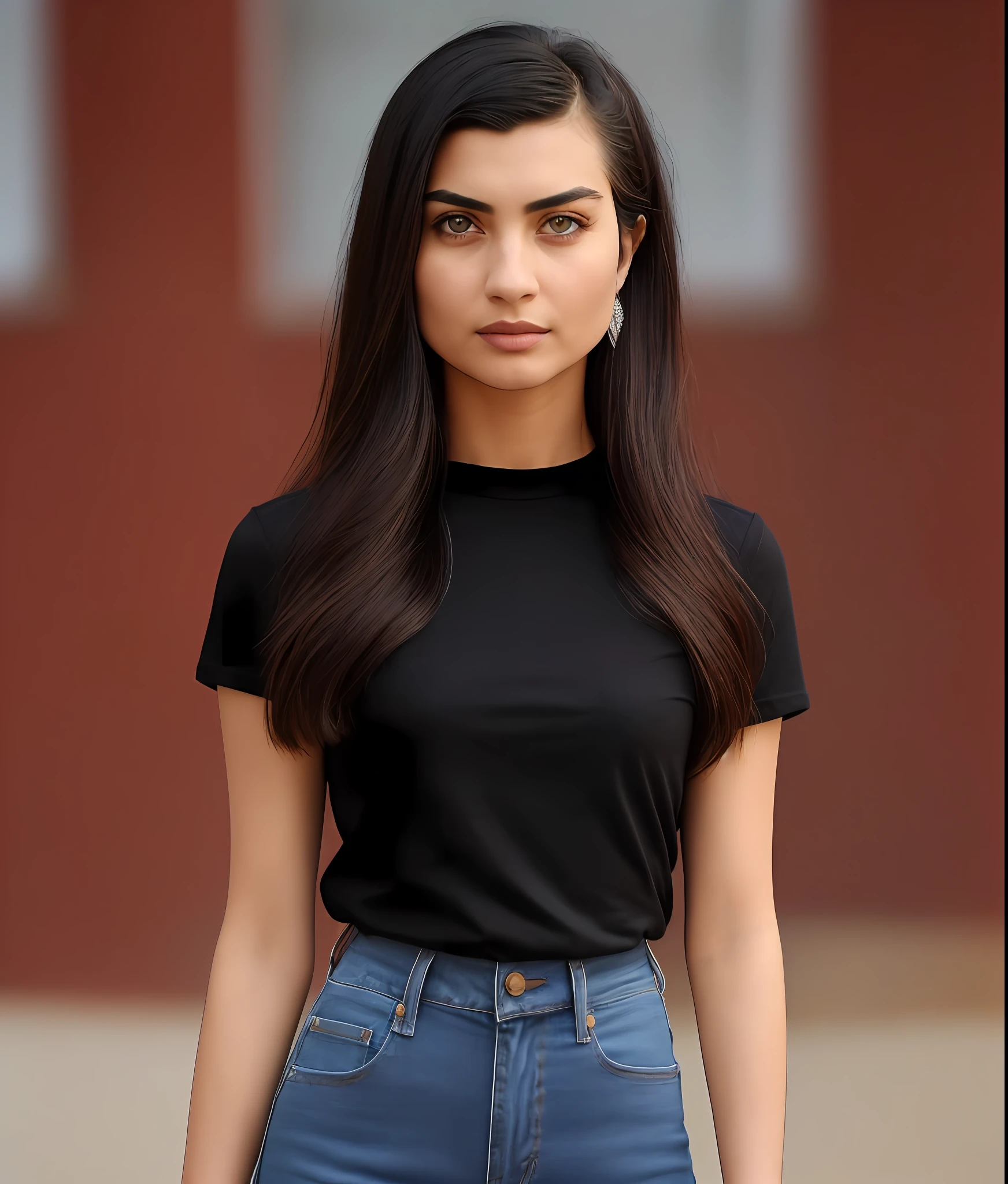 full shot of (zxzxtuba) (elegant:0.75 .insane beautiful woman. Basic black round neck Teeshirt with skinny jeans posing for a photo, (style_name), Perfect Face, Intricate, perfect frame, perfect details, Feminine,((Perfect Face))(High Detail)(((Symmetric)))Symmetric face, (((Symmetric face))) no makeup, (((brown eyes)))