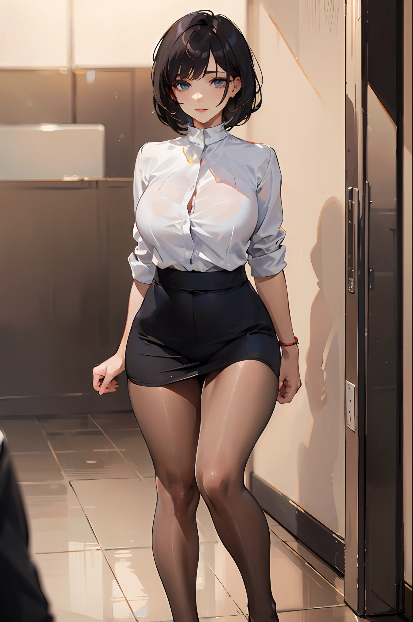 Ultra-realistic 8k CG，Perfect face，Impeccable，ren，a masterpiece of，professionalartwork，famousartwork，Perfect face，beauitful face，Beautiful  eyes，（（（Perfect female body）），（（Behind the arm）），large pubis hair，独奏，，a skirt，，Be red in the face，seductive appearance，Very detailed_eyes，Thick thighs，cubicle，（gray hairs））， Short Hair Hair， beautifullydetailedbackground， depth of ﬁeld，， BDSM， dent in the skin， fullllbody， lifiting shirt， lacepantyhose