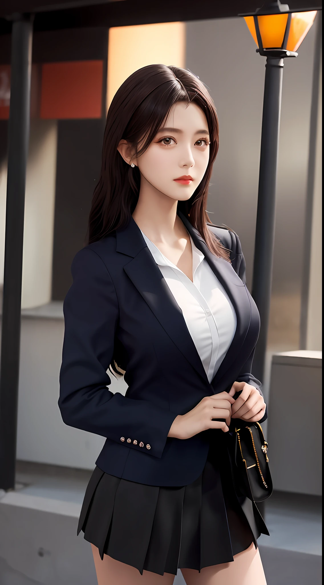 Best Quority, a masterpiece of, 1girl huge large breasts, beauitful face, (photograph realistic:1.3), edge lit, (highdetailskin:1.2), 8K UHD, digital DSLR camera, hightquality, A high resolution, 4k, 8k, bokeh, absurderes, Optimal proportions of four fingers and one thumb, (realisticlying:1.3), Cute 1girl, Wearing a black formal blazer, mediuml breasts, short skirt,long-sleeved
