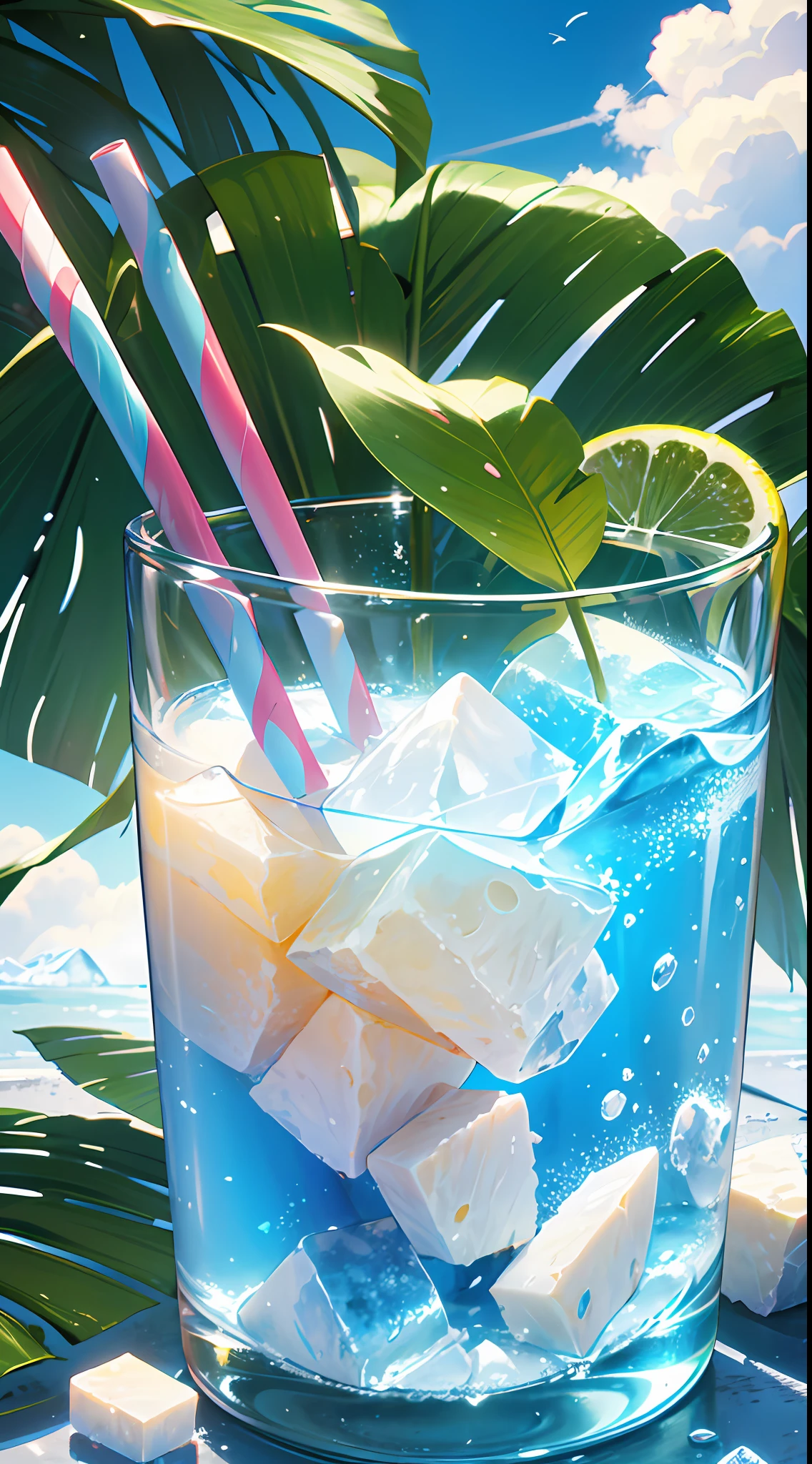 (Chinese beauty) A soft drink made of coconut juice, ice cubes, and coconut juice. Milky white turns white. Very cool. There are colored straws and ice cubes, placed on green leaves, outdoors, a clear blue sky, beautiful clouds