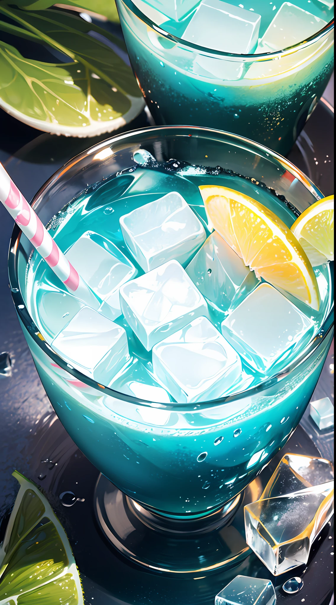 (Chinese beauty) A soft drink made of coconut juice, ice cubes, and coconut juice. Milky white turns white. Very cool. There are colored straws and ice cubes, placed on green leaves, outdoors, a clear blue sky, beautiful clouds