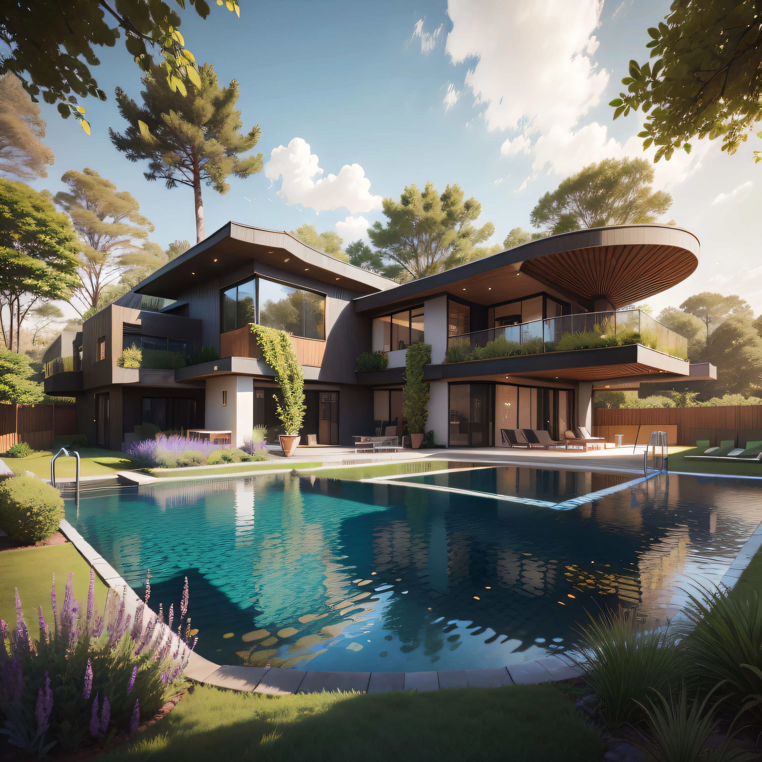 Organic modern architecture on a fairly large plot, from , there is a swimming pool in the middle of a large house of a flower, color of the house in chocolate brown and black beams, large modern residence, flat roofs and garden, render luxcore, render oktane, a photorealistic rendering, architectural rendering, mantra rendering, architectural rendering, realistic rendering, architectural visualization, wellness pool, Architectural visualization, large green zones, with small zones of lavender flowers, green shrubs type lush green garden, as well as small water mirrors, swimming pool embedded in an area of sand, olive and pine trees around the house, paddle court next to the house