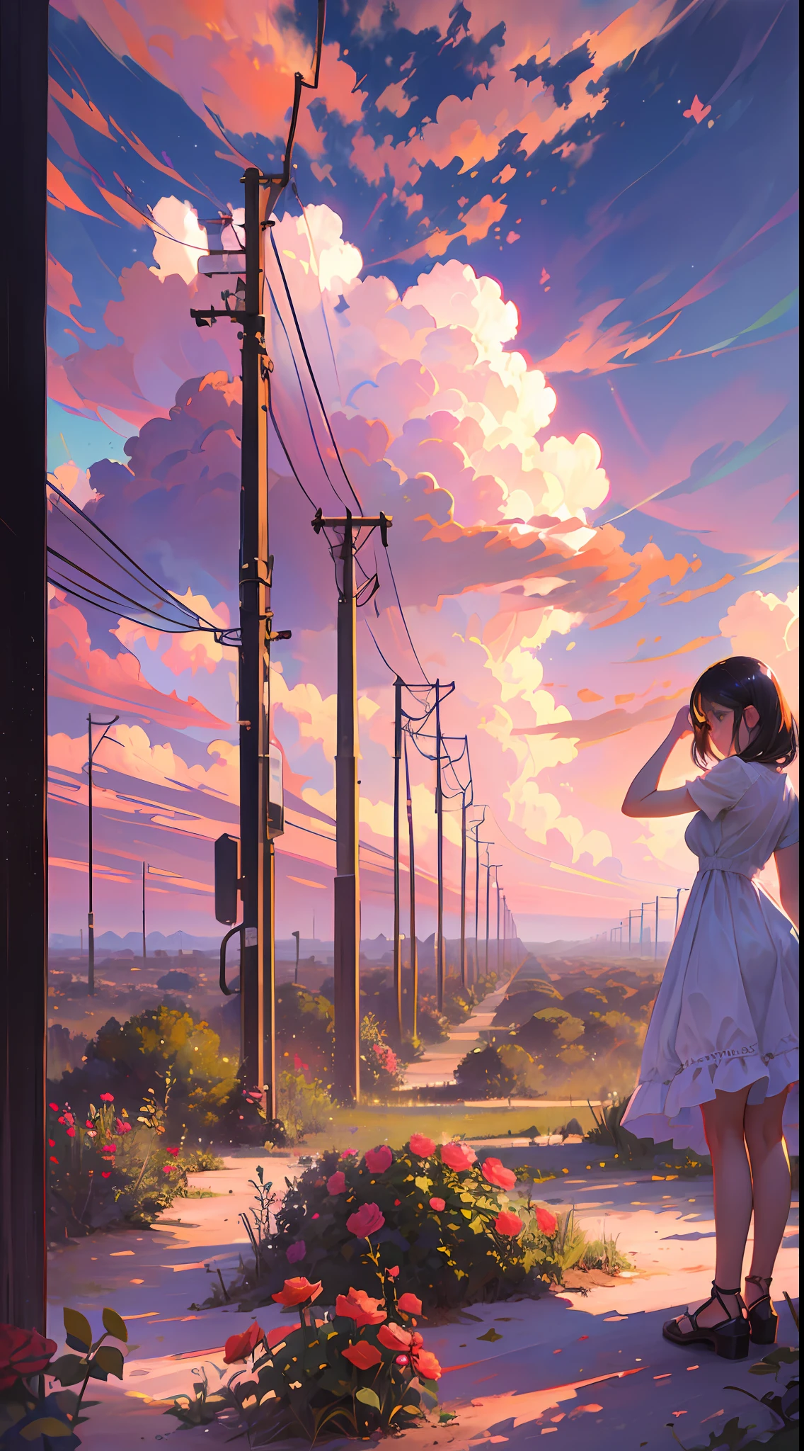 Summer, desert, pink clouds, a land overgrown with roses stands beautiful girl, James Gurney, art station rendered, ultra-wide lens, high definition