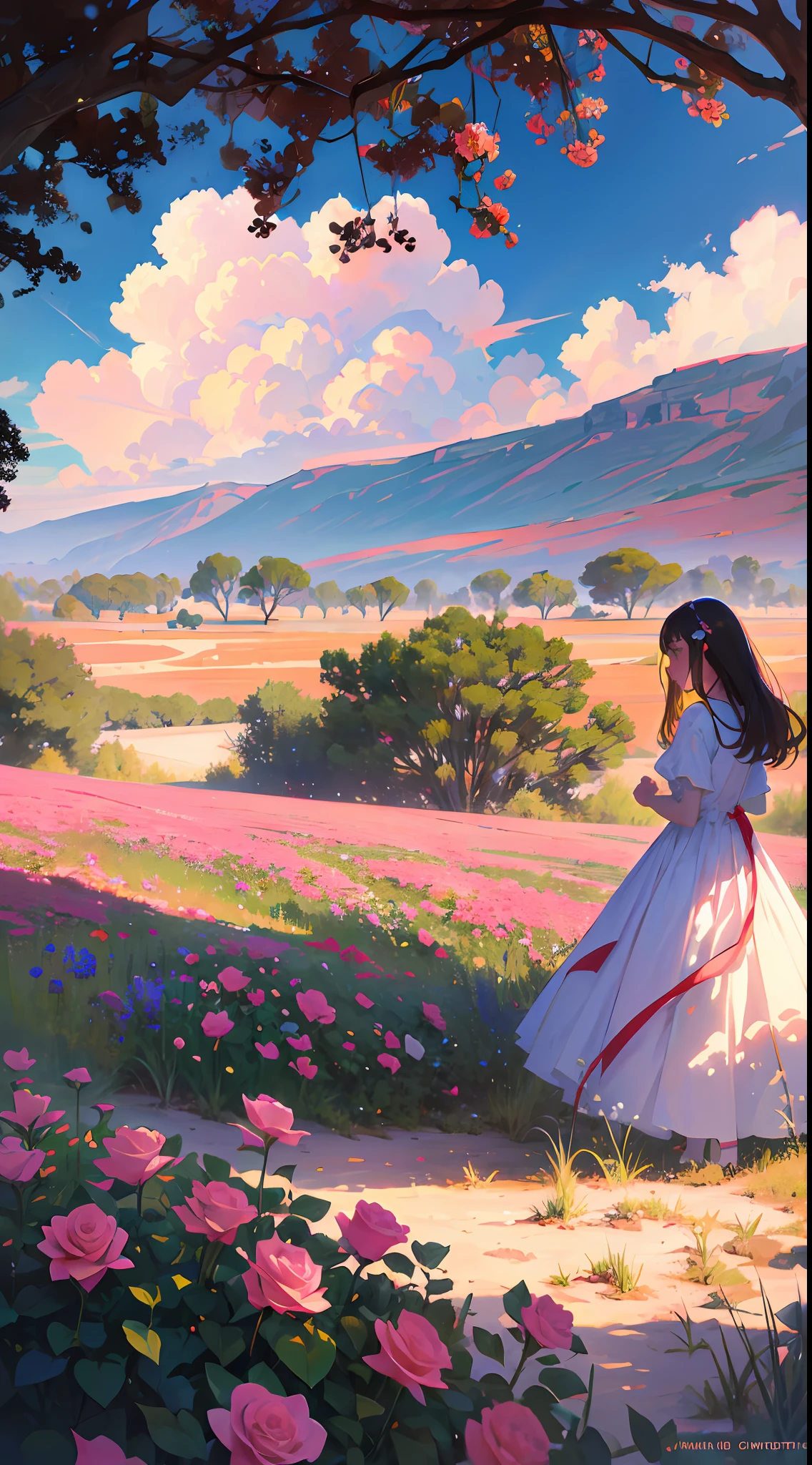 Summer, desert, pink clouds, a land overgrown with roses stands beautiful girl, James Gurney, art station rendered, ultra-wide lens, high definition