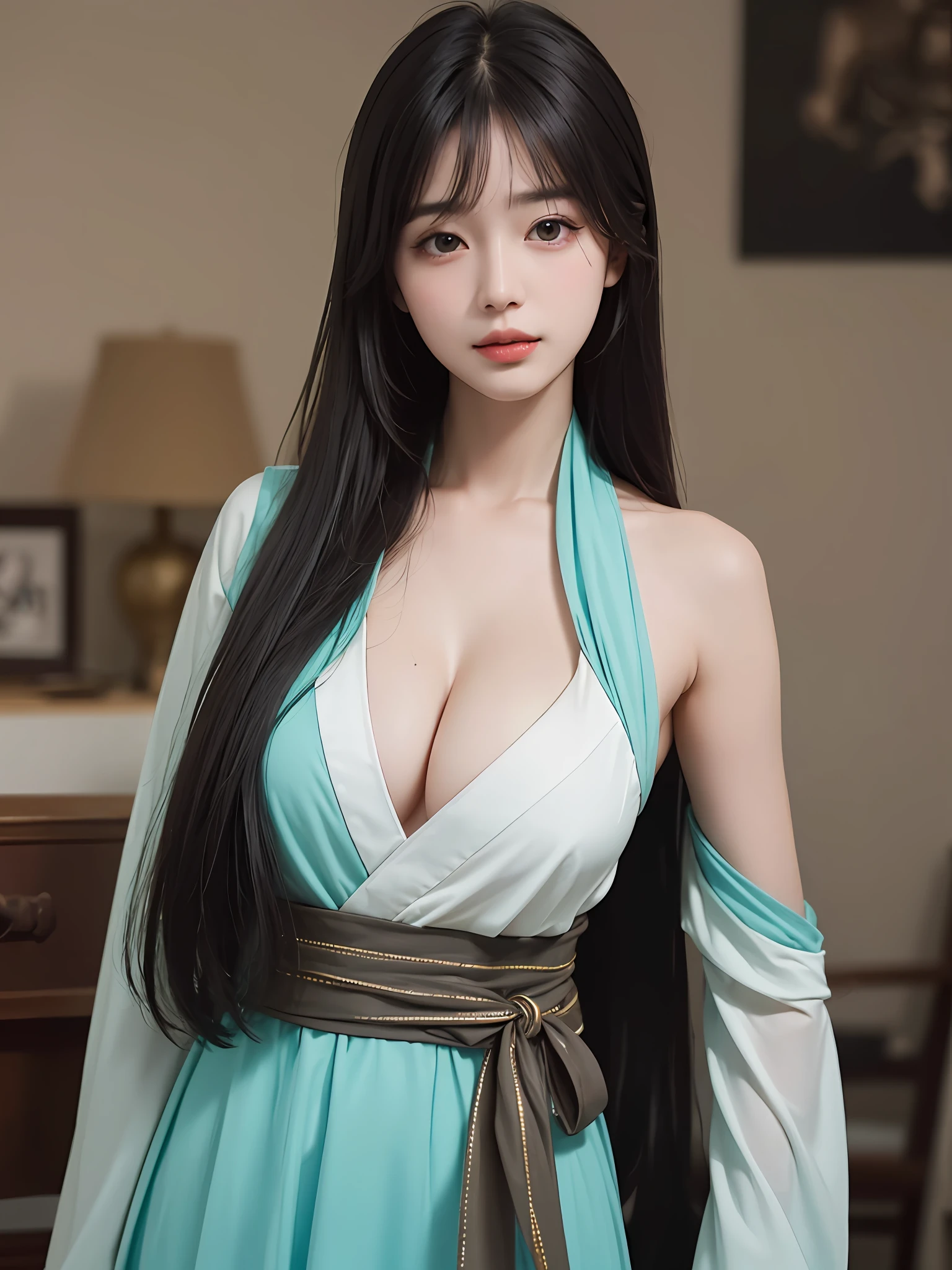 a masterpiece of, Best Picture Quality, hightquality, Beautiful woman, japanes, Popular Korean makeup, A detailed, Swollen eyes, Detailed eyes, Detailed skins, Beautiful skins, Super-High Resolution, (Realistis: 1.4), very beautif, Slightly younger face, Beautiful skins, slim, (Ultra photo realsisim), (illustratio), (A high resolution), (8K), (abundantly detailed) (best illustrations), (Beautiful detailed eyes), (ultra hyper-detailed), (wall-paper), (Detailed face), looking looking at viewer, finely detailled, Detailed face,pureerosfaceace_v1,ssmile,Always look straight ahead,From the angle of waist up,photograph of-realistic,Bright lights,Professional lighting,Black hair(Some hair is primary green),Long hair green),length hair,Dark ruins,Gorgeous dress(Ruffles,red pubic hair,black colors,),Mature woman,Long, stylish bangs,A big-breasted,cleavage,