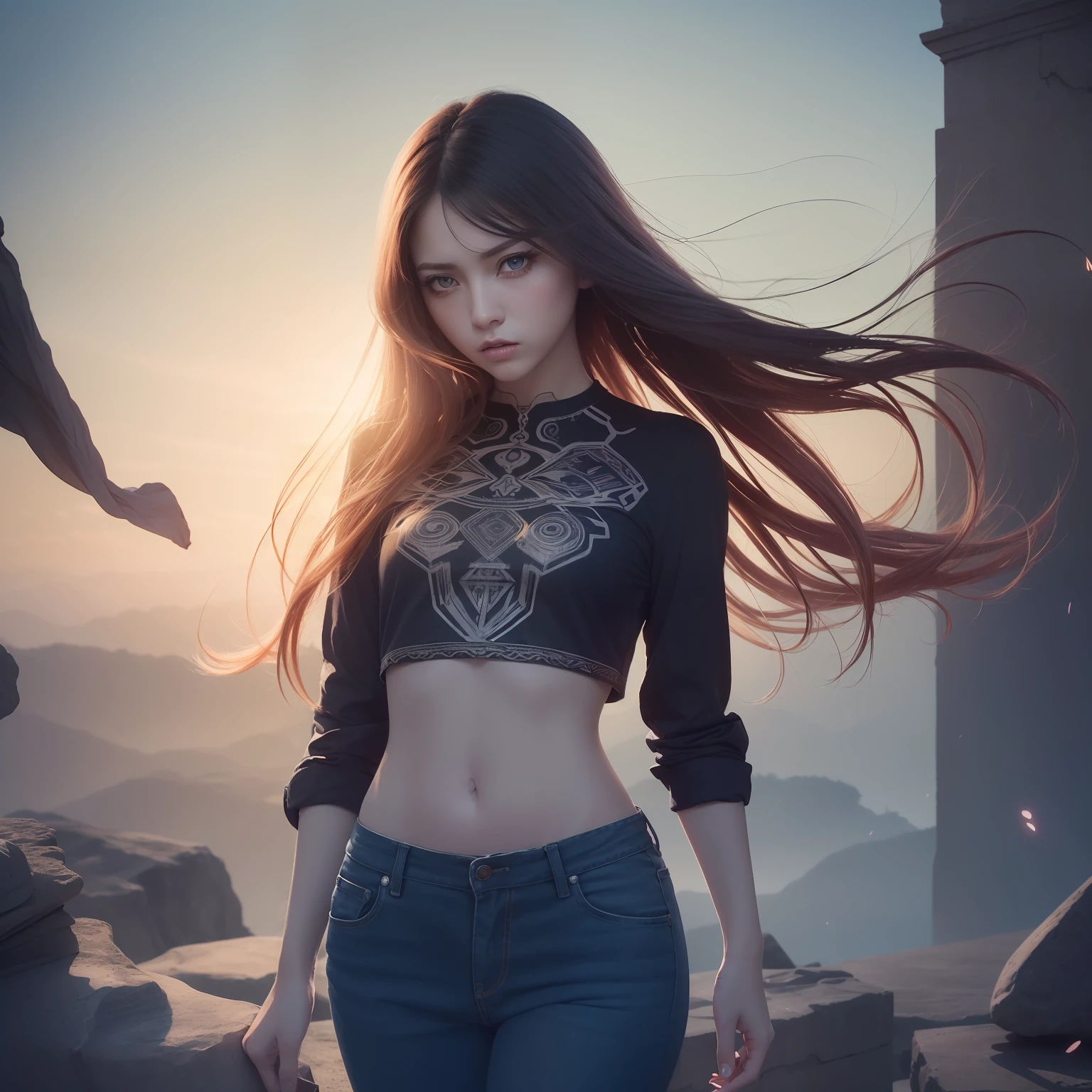 (masterpiece, top quality, best quality, official art, beautiful and aesthetic:1.2), cute angry girl, detailed face, ((red eyes)), small chest, long white hair, full body, violet blouse and pants, luminous effects, highest detailed, floating particles, ancient runes, geometric patterns, realistic, V0id3nergy , mana, shadows, epic atmosphere