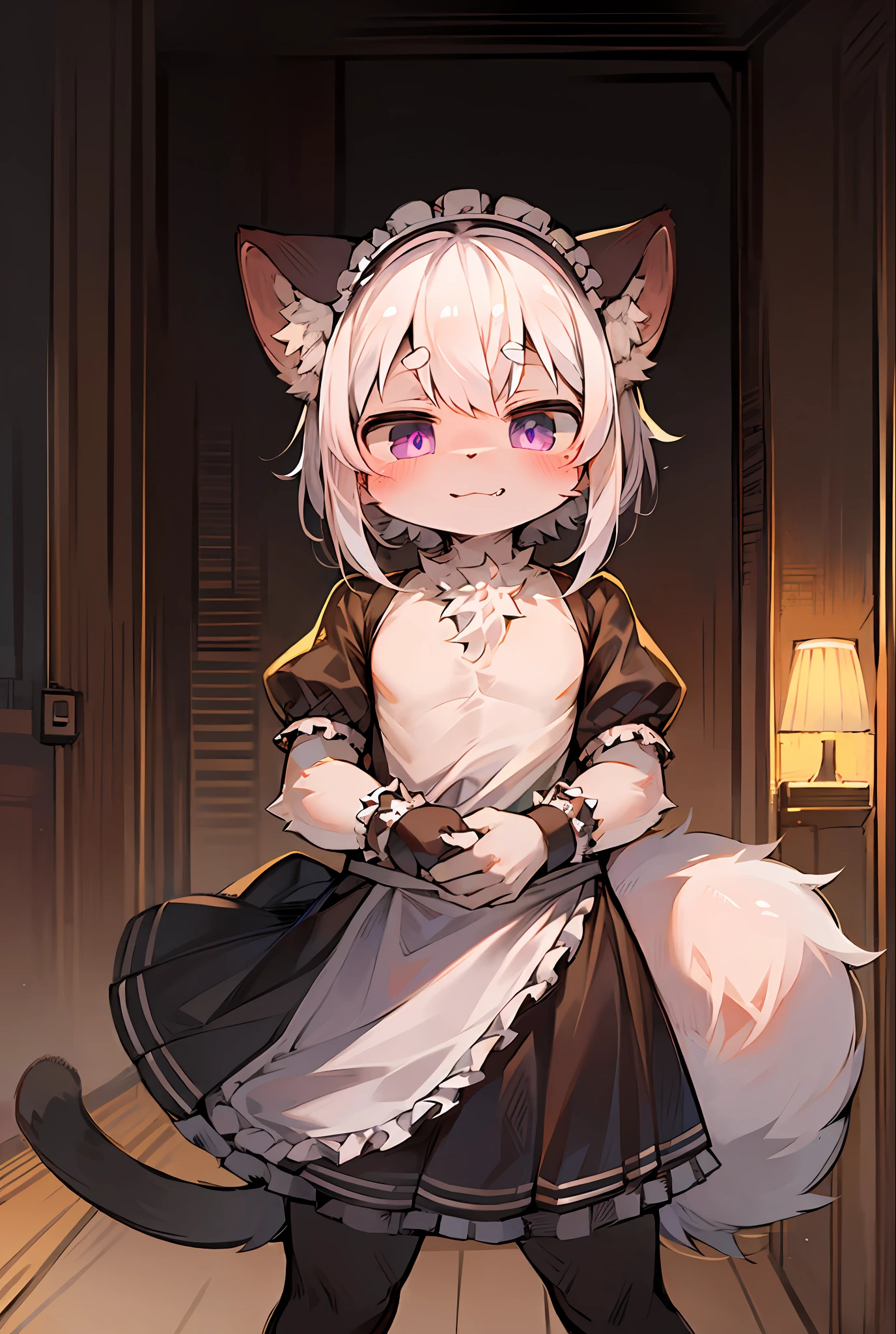 a masterpiece of,hightquality,Absurd resolution,digitial painting\(The artwork\),by Dagasi, Yupa,Kiyosan,(Fluffy fur,White fur,Full Body Furry,Cat pattern:1.2),anthro male cat。White hair,purple-eyed,Evil eyes,Loving eyes,dick,full room view,Character focus。detailedbackground,(Shirtless,the maid outfit:1.3),(The clothes ar,the maid outfit:1.2)