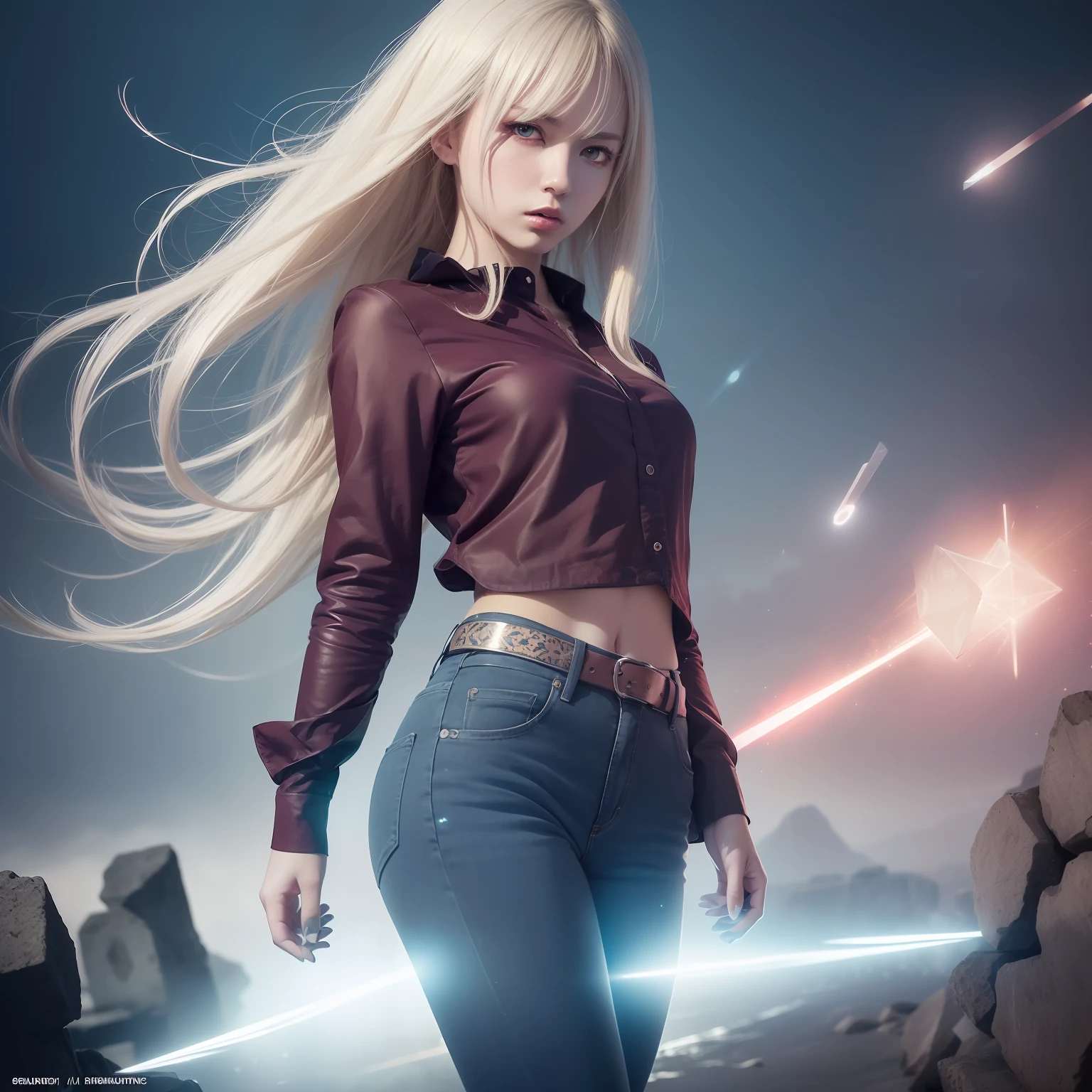 (masterpiece, top quality, best quality, official art, beautiful and aesthetic:1.2), cute angry girl, detailed face, ((red eyes)), small chest, long white hair, full body, violet blouse and pants, luminous effects, highest detailed, floating particles, ancient runes, geometric patterns, realistic, V0id3nergy , mana, shadows, epic atmosphere