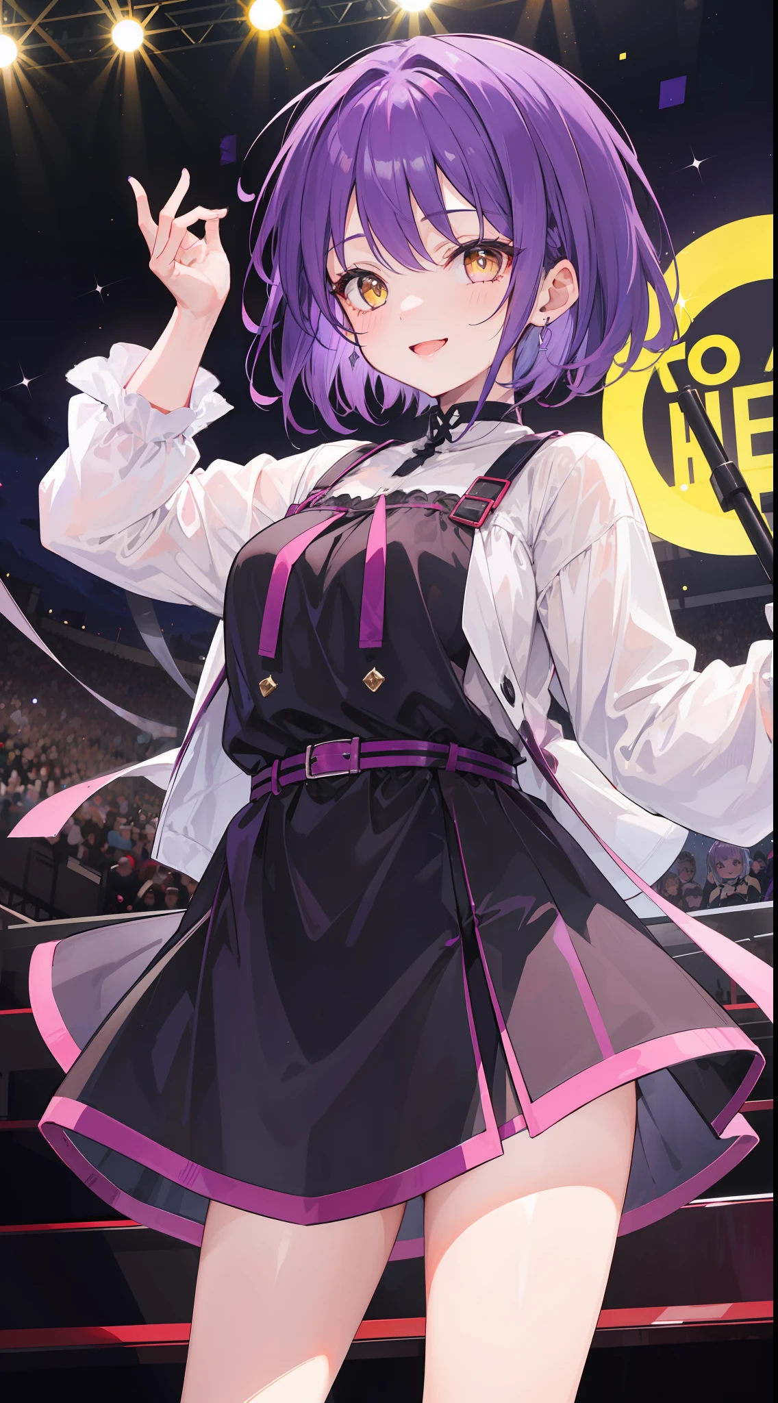 A girl, purple hair and bright yellow eyes, short hair, be on stage, mascular girl, cheeks and chubby, night, cute, big smile