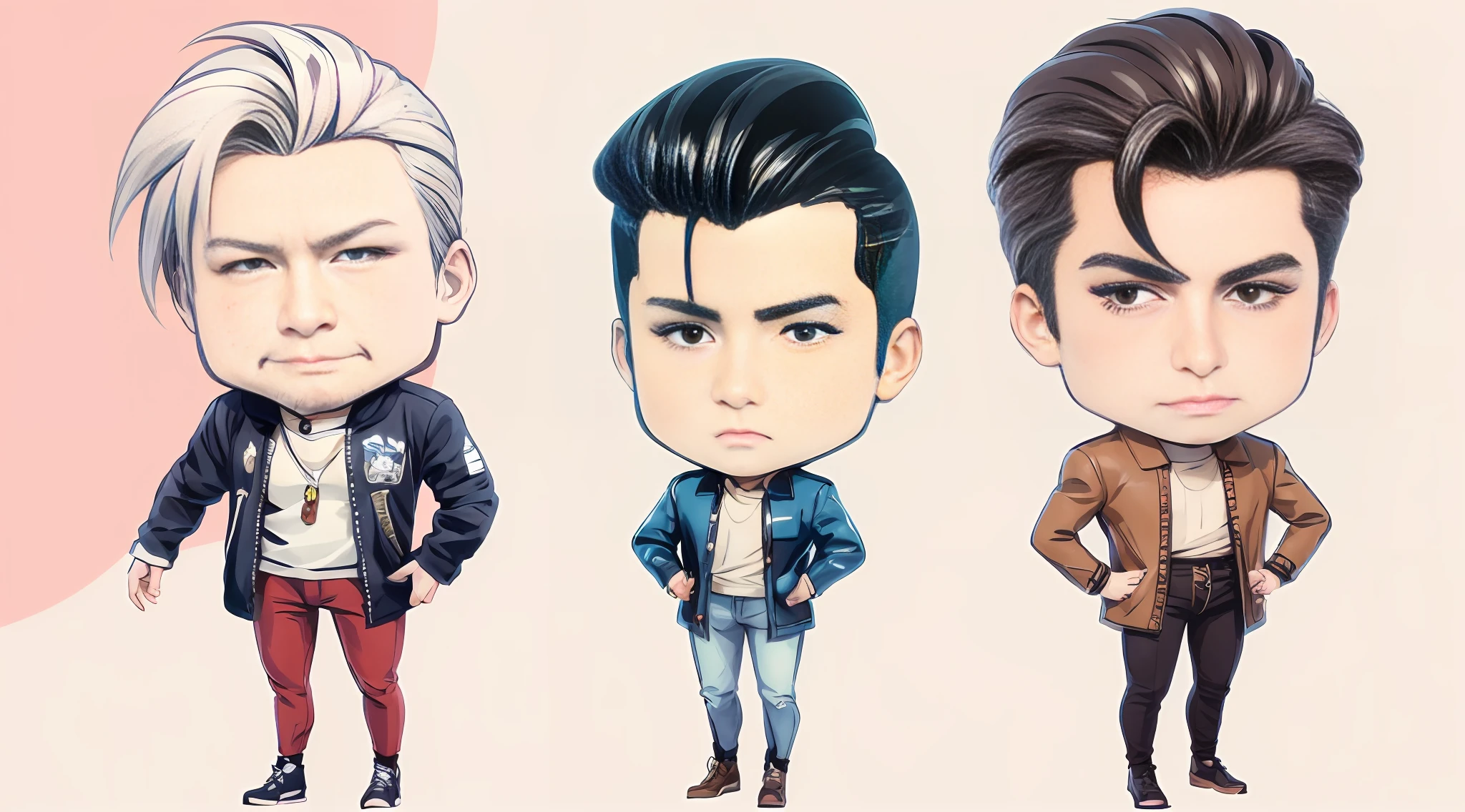 three cartoon characters of a man with different hair styles, gta chinatowon art style, Cartoon Art Style, official fanart, style of cartoon, anime elvis presley, style as nendoroid, kentaro miura art style, archie comic style, jojo anime style, Cartoon Art Style, style kim jung gi, Style game square Enix, High-quality fanart, male character design,Body proportions are normal,Don't exaggerate,The head is a little smaller,Be a little bigger,