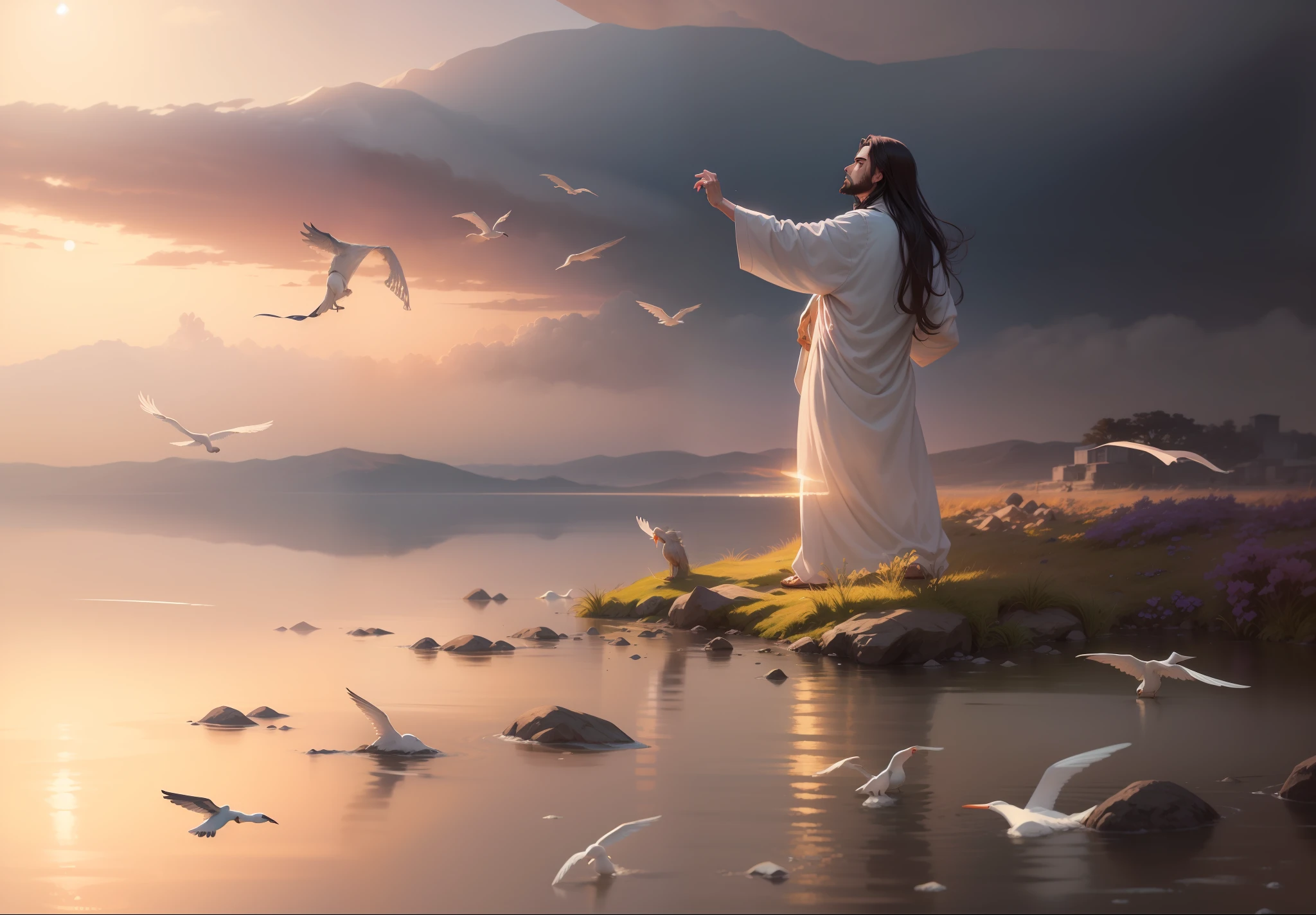 Jesus with a serious and determined expression , arte conceitual de Jesus Cristo, Personagem de corpo inteiro, arte conceitual do personagem, Jesus Cristo vestindo roupas celestiais brancas com pedras de safira, Deus vestindo traje espacial branco com pedras de safira e capa branca longa, Jesus Cristo como rei do universo, cosmos refletindo em sua coroa, Jesus como Deus, Anime, anime art, manga manuscript, colorful manga, seamless art