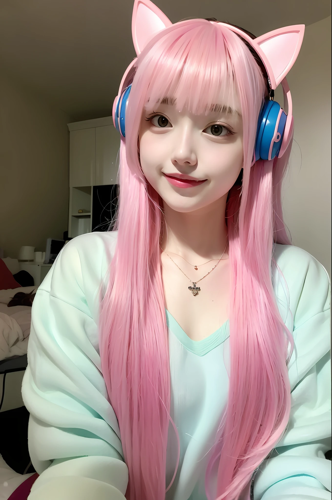 best quality, masterpiece, 1girl, solo, long hair, looking at viewer, pink hair, earrings, necklace, cat headphones,