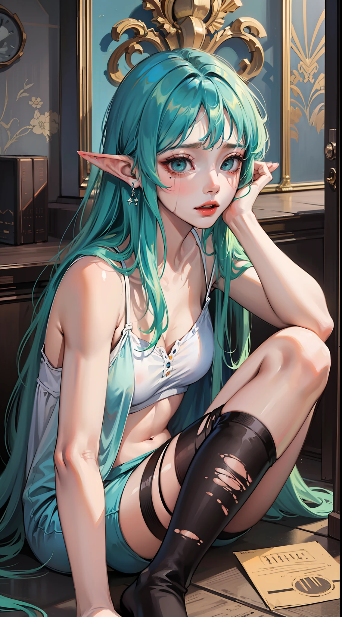 young girl, long blue sloppy hair, Green eyes, elf ears, Scars, Burns, ripped clothes, Sitting on the ground, sorrow, Tears, Masterpiece, highly quality