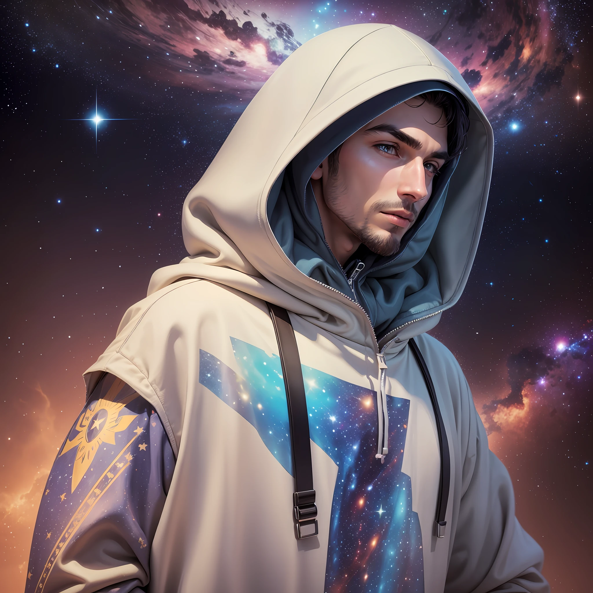 Create only a realistic 8k cinematic high-definition image, From a 35-year-old mystical man looking at the universe with stars, . Short dark brown hair, su rostro tiene paz y calma y usa ropa blanca y celeste. --auto