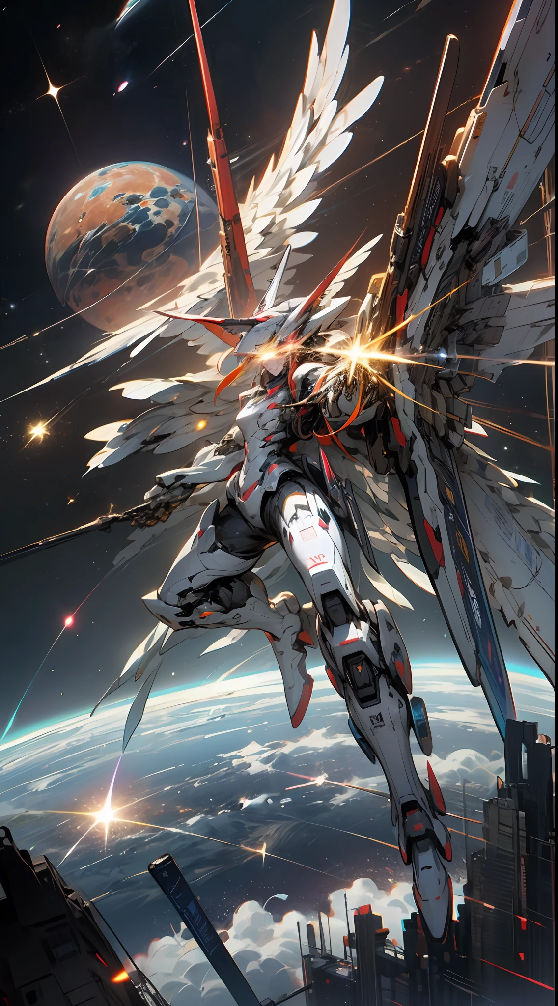 In space, huge planet, nebula, holding weapons, no humans, glowing, (female mech: 1.2), female robot, giant mechanical wings, mech wings, (flying in space: 1.3), comet fragments , glowing eyes, red mecha, science fiction, space, reality, mecha, galaxy background, neon lights, cyberpunk, HD wallpaper, CG art