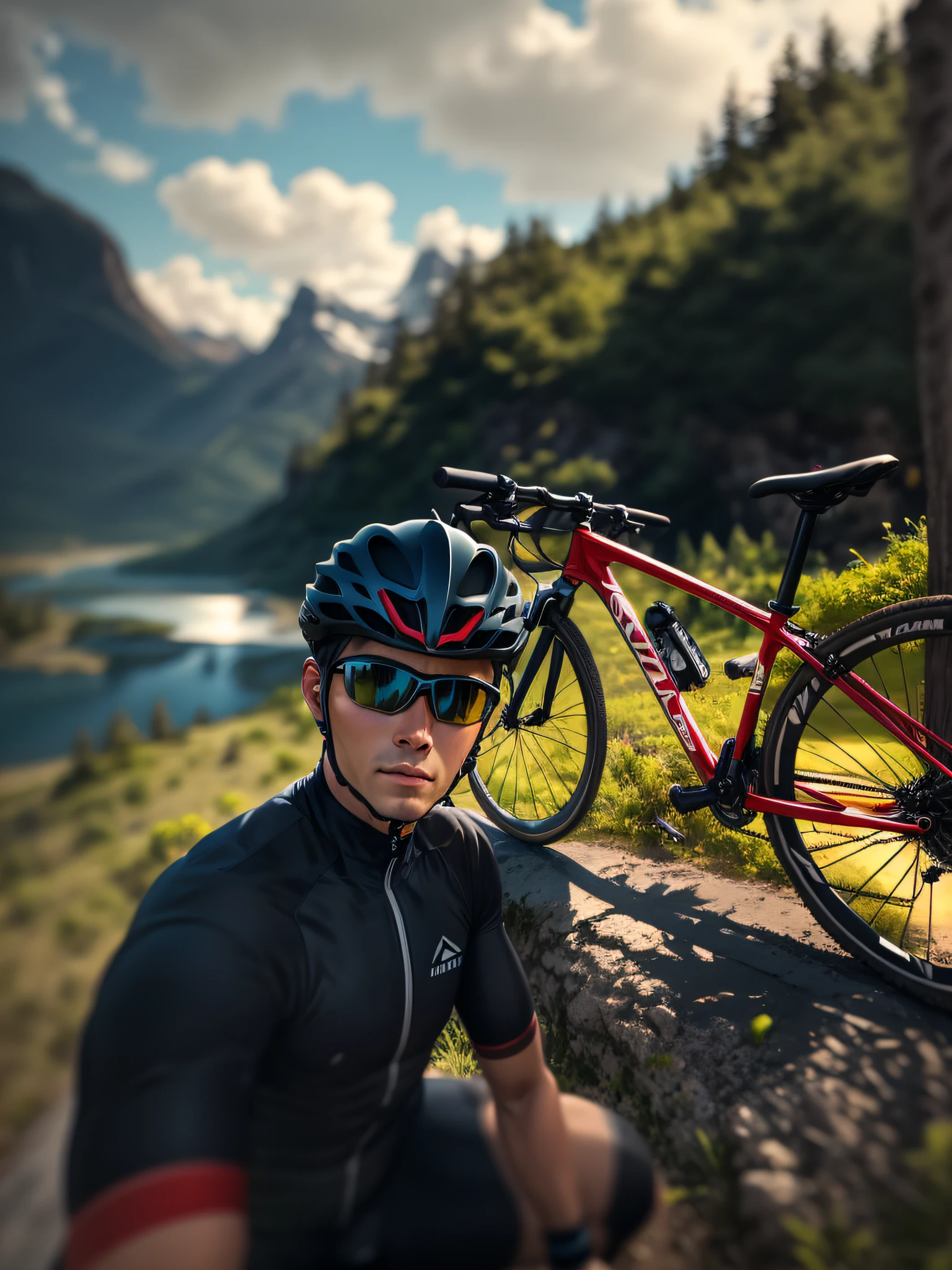 Homem com uma bicicleta ao fundo, com montanhas ao fundo, ciclismo!!, detalhes intrincados, imagem de alta qualidade UHD, 4k.
