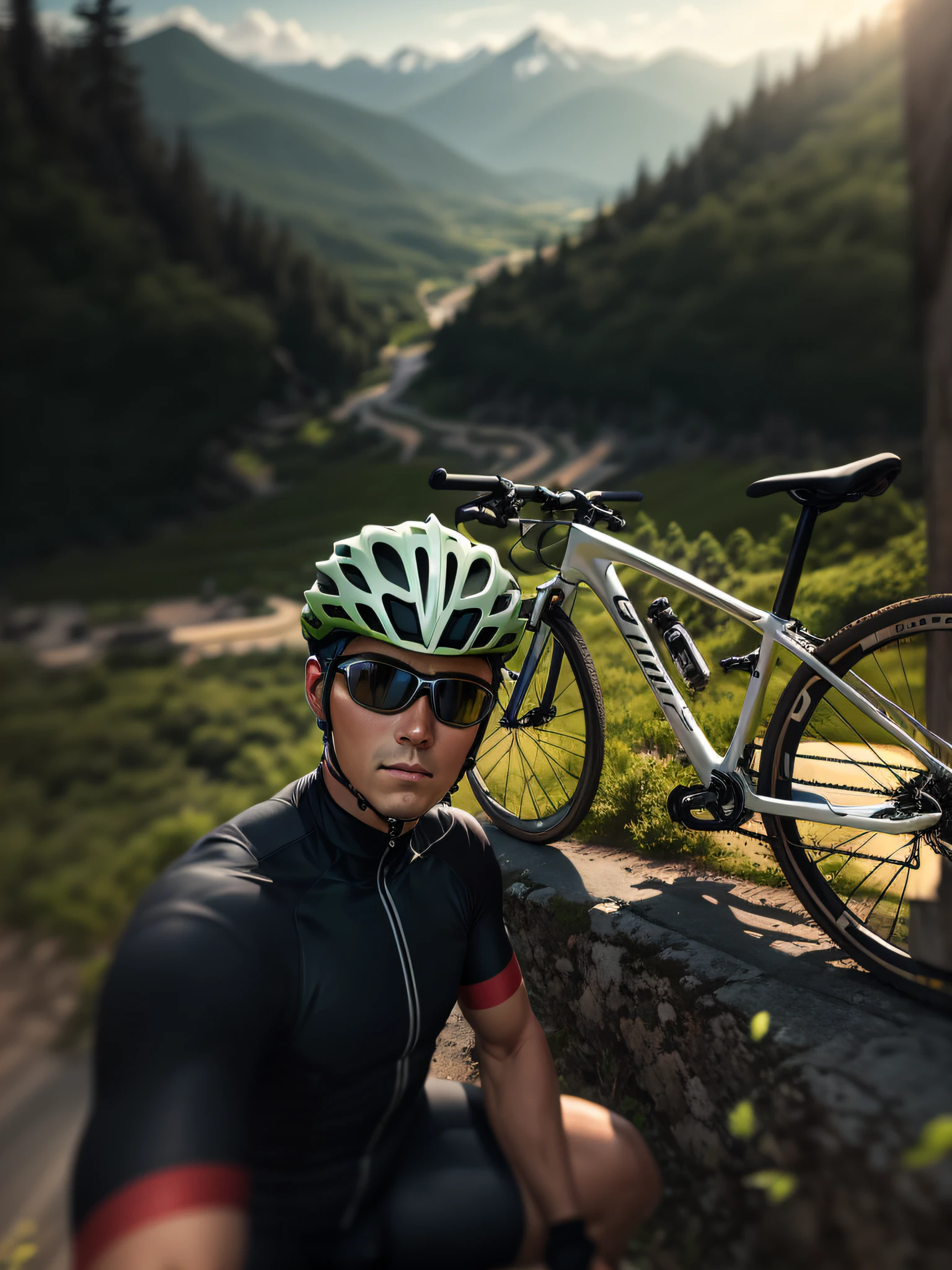 Homem com uma bicicleta ao fundo, com montanhas ao fundo, ciclismo!!, detalhes intrincados, imagem de alta qualidade UHD, 4k.