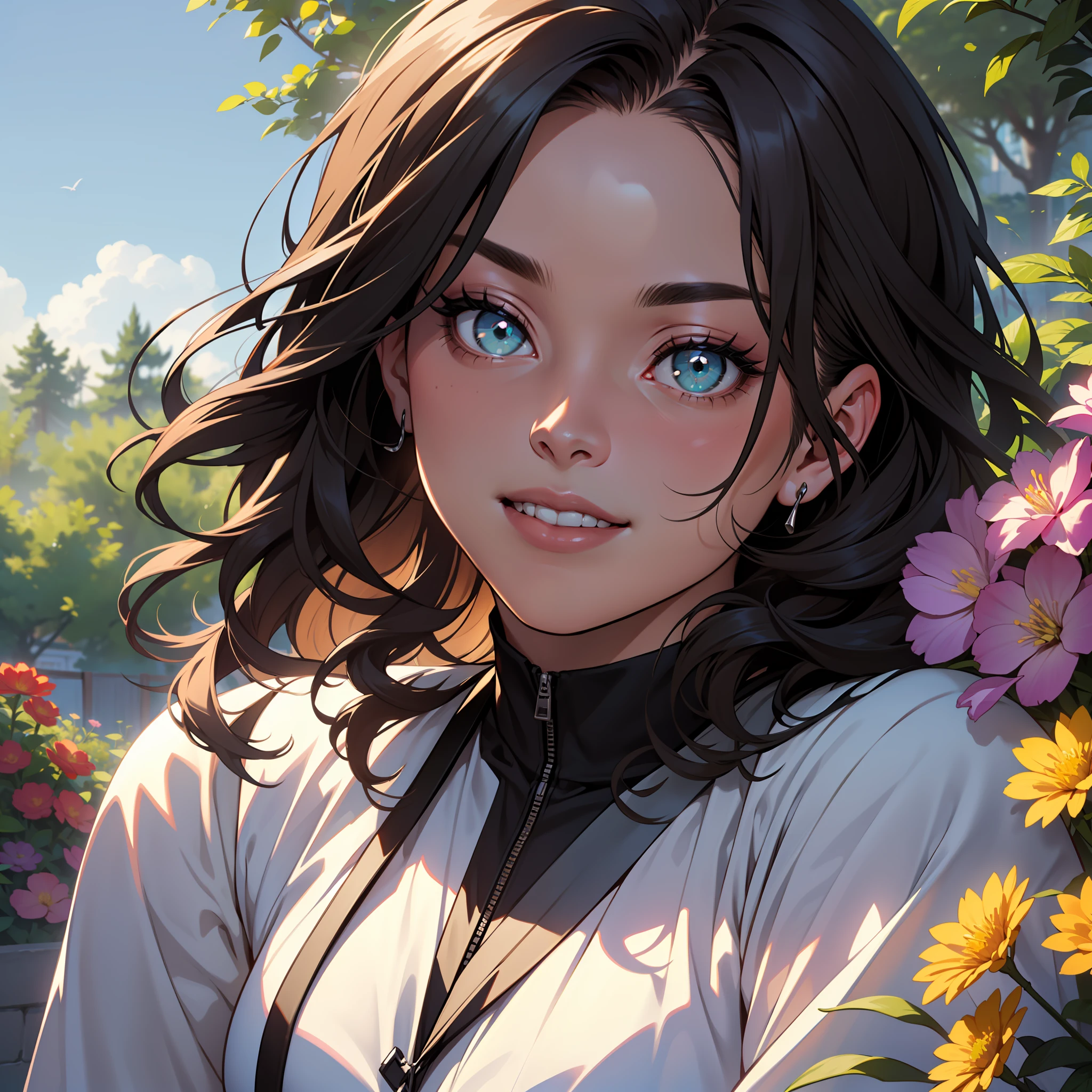 (((A young woman))), the anime, Green eyes, black hair, Nice face, a smile, Wavy Hair, longye hair, (((brunette woman))), ((шедевр, beste-Qualit)), illustration, ультра детализированная 8k, Photorealistic, sharp-focus, higly detailed, Professional lighting, colorful details,Glowing, Vivid details, Rainbow colors, narrow eyebrows, beatiful face, long dark eyelashes, plump beautiful lips, oversize clothes , (Oversized dress), Detailed Face, garden, the trees, Flowers