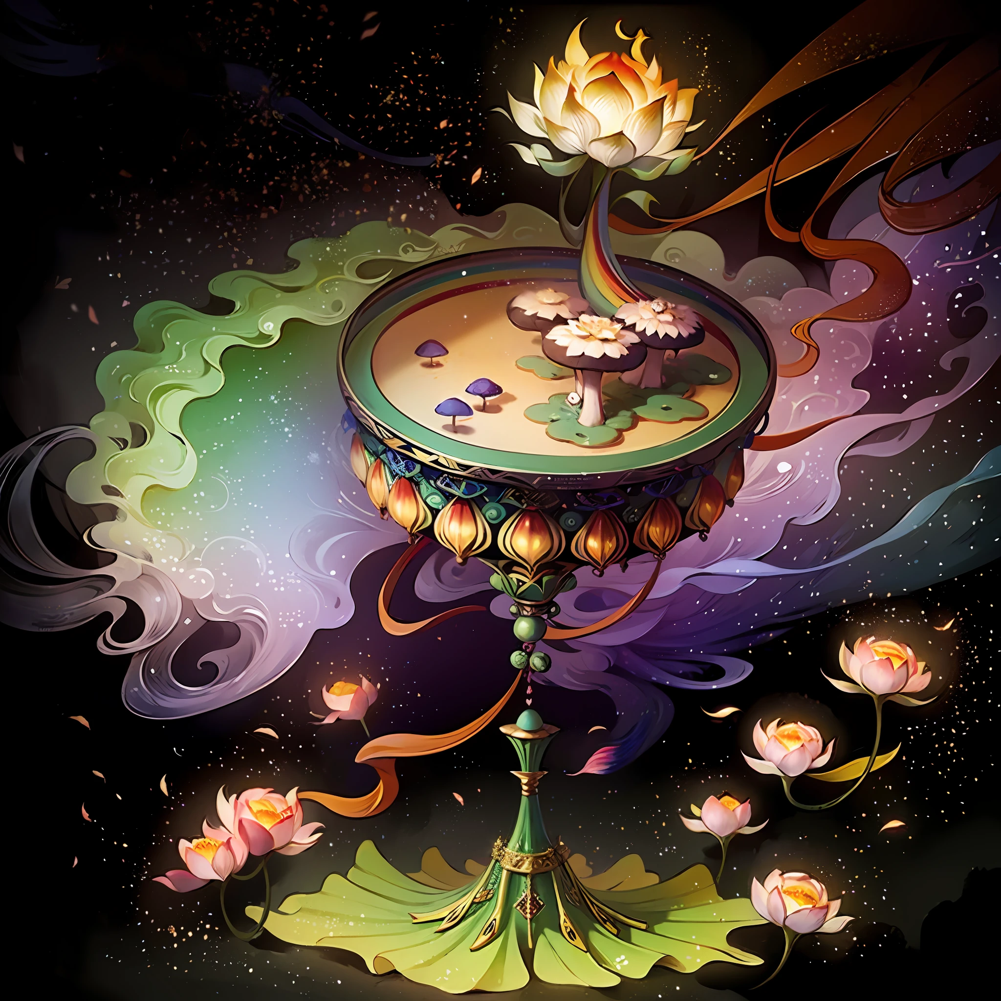 An ancient Chinese painting, ancient Chinese background, mountains, rivers, auspicious clouds, pavilions, sunshine,(psychedelic details),(mushrooms),lotus,(rainbow),(trippy),(DMT),intricate details, more details, high details,masterpieces, super detail, epic composition, ultra HD, high quality, extremely detailed, official art, unified 8k wallpaper, Super detail, 32k -- v 6
