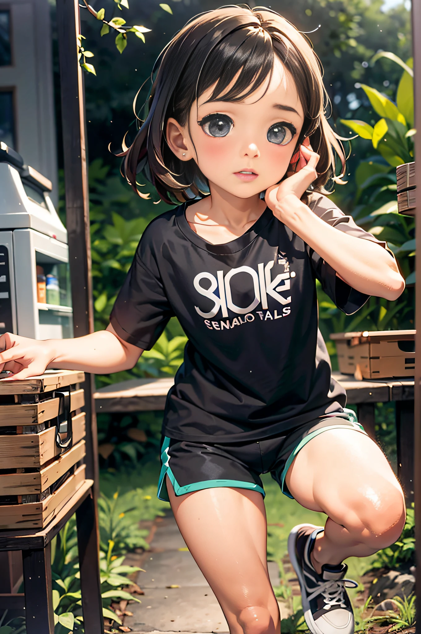 uma  chamada Anne de 8 anos de idade, corpo inteiro, pele branca, olhos pretos, fleshy lips, cabelo preto liso na altura dos ombros, small hands, olhos grandes e castanhos, picking up small stones from the ground in a forest, usando coton shorts preto e camiseta preta sem desenho nesta camiseta, sem imagem tenis preto, Absurdo, melhor qualidade, somente, lateralmente, The illustration is of an 8-yearfil lateral)) Standing in the kitchen of your home, Expression of astonishment, ela usa shorts preto, black T-shirt and black sneakers.