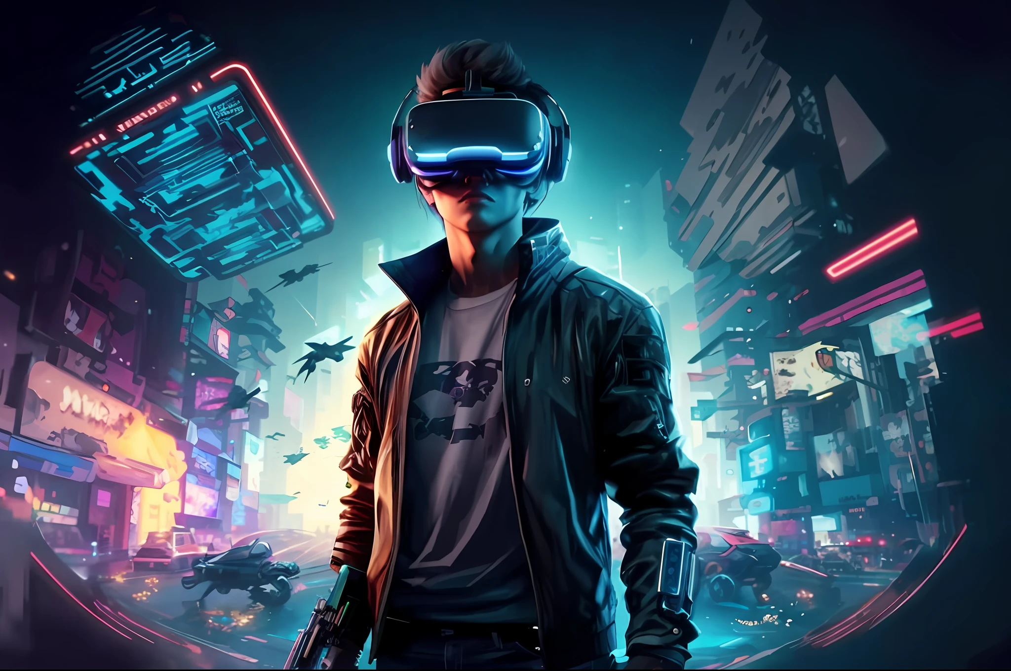a man in a black jacket and glasses stands in front of a futuristic city, vr game, cyberpunk vibe, cyberpunk vibes, deeper into the metaverse we go, has cyberpunk style, cyberpunk theme, in cyber punk 2077, cyberpunk futuristic, cyberpunk future, synthwave, wearing cyberpunk streetwear, futuristic cyberpunk, cyberpunk tech, retro cyberpunk, synthwave style