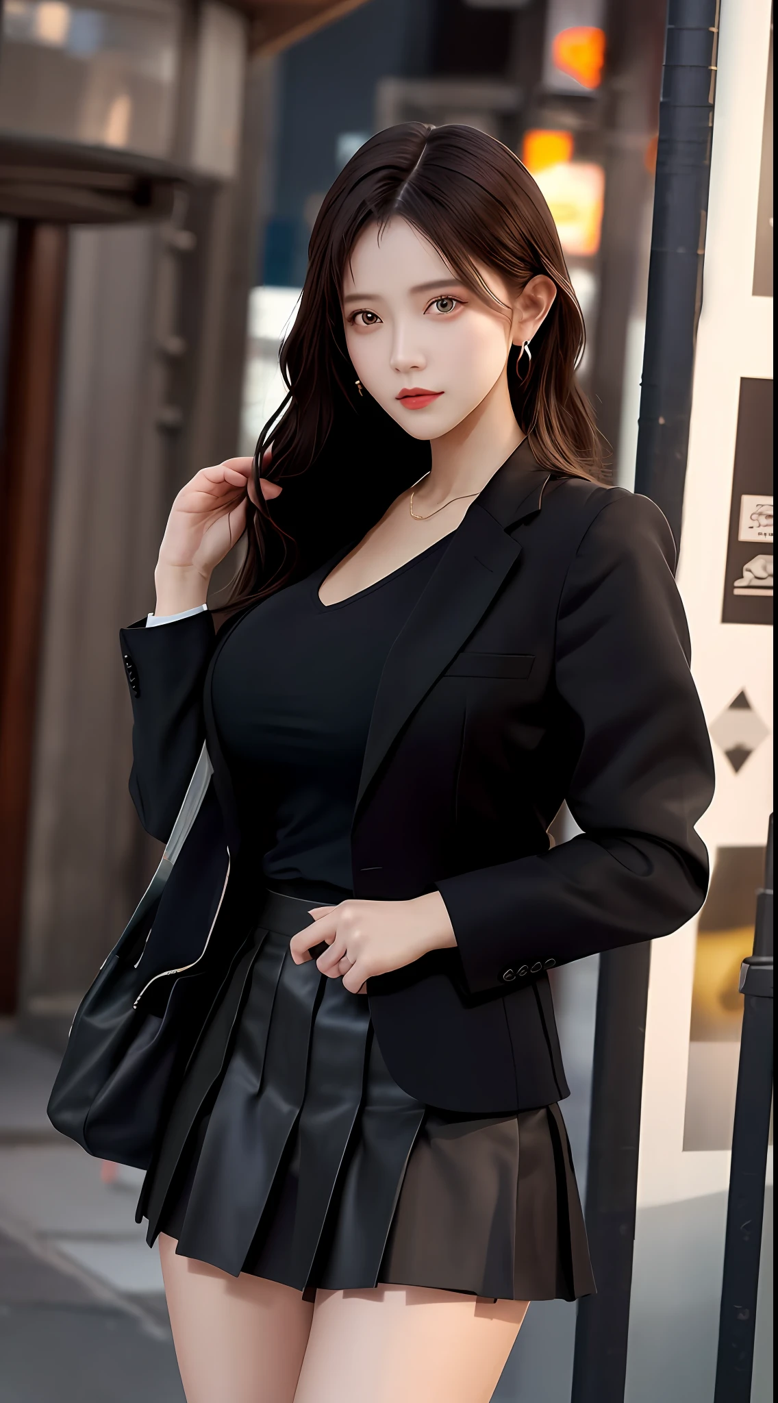 Best Quority， a masterpiece of， 1girl huge large breasts， beauitful face， （photograph realistic：1.3）， edge lit， （highdetailskin：1.2）， 8K  UHD， ， hightquality， A high resolution， 4K， 8K， Bokeh， absurderes， Optimal proportions of four fingers and one thumb， （realisticlying：1.3）， Cute 1girl， Wearing a black formal blazer， ， short  skirt，long-sleeved