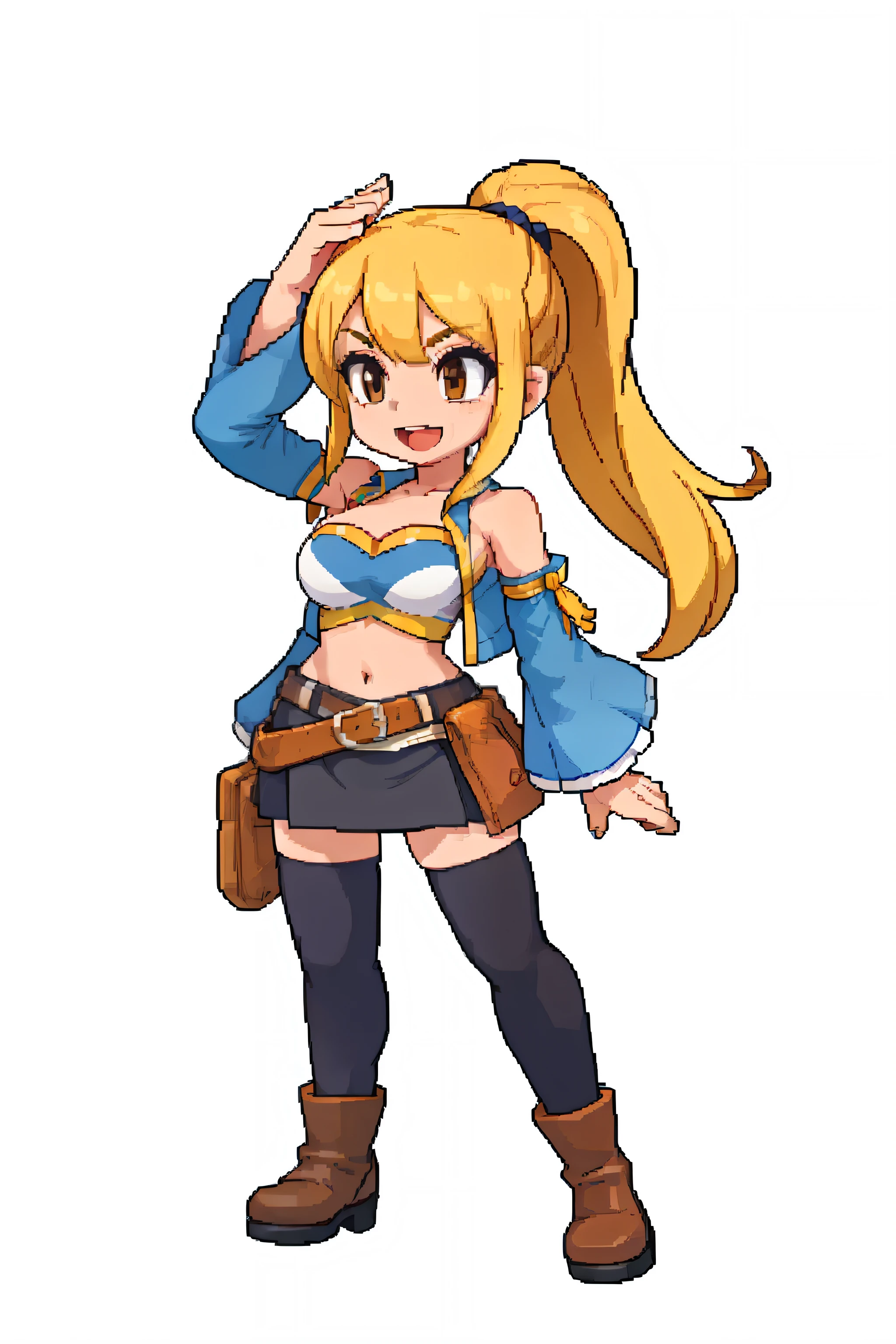 (masterpiece, best quality:1.4, top quality:1.4, high quality:1.4), (beautiful, aesthetic, perfect, delicate, intricate:1.2), pixel, pixel art, pixel sheet, sprite, sprite art, sprite sheet, best quality for pixel, best quality for sprite, official art, anime art style, 1girl, face, perfect face, beautiful face, detailed face, eyes, brown eyes, detailed eyes, perfect detaiiled brown eyes, nose, perfect nose, beautiful nose, mouth, open mouth, perfect mouth, smile, perfect smile, hair, long hair, blonde hair, beautiful hair, perfect detailed yellow hair, ponytail, high ponytail, full body, cowboy shot, must be collarbone, cleavage, breasts, frim breasts, large breasts, (arms, hands, fingers, best ratio for arms:1.1, best ratio for hands:1.1, best ratio for fingers:1.1, salute), boots, brown boots, thighhighs, detached sleeves, must be detached sleeves, crop vest, must be crop vest, midriff, navel, belt, strapless, must be black skirt, (simple background:1.2)