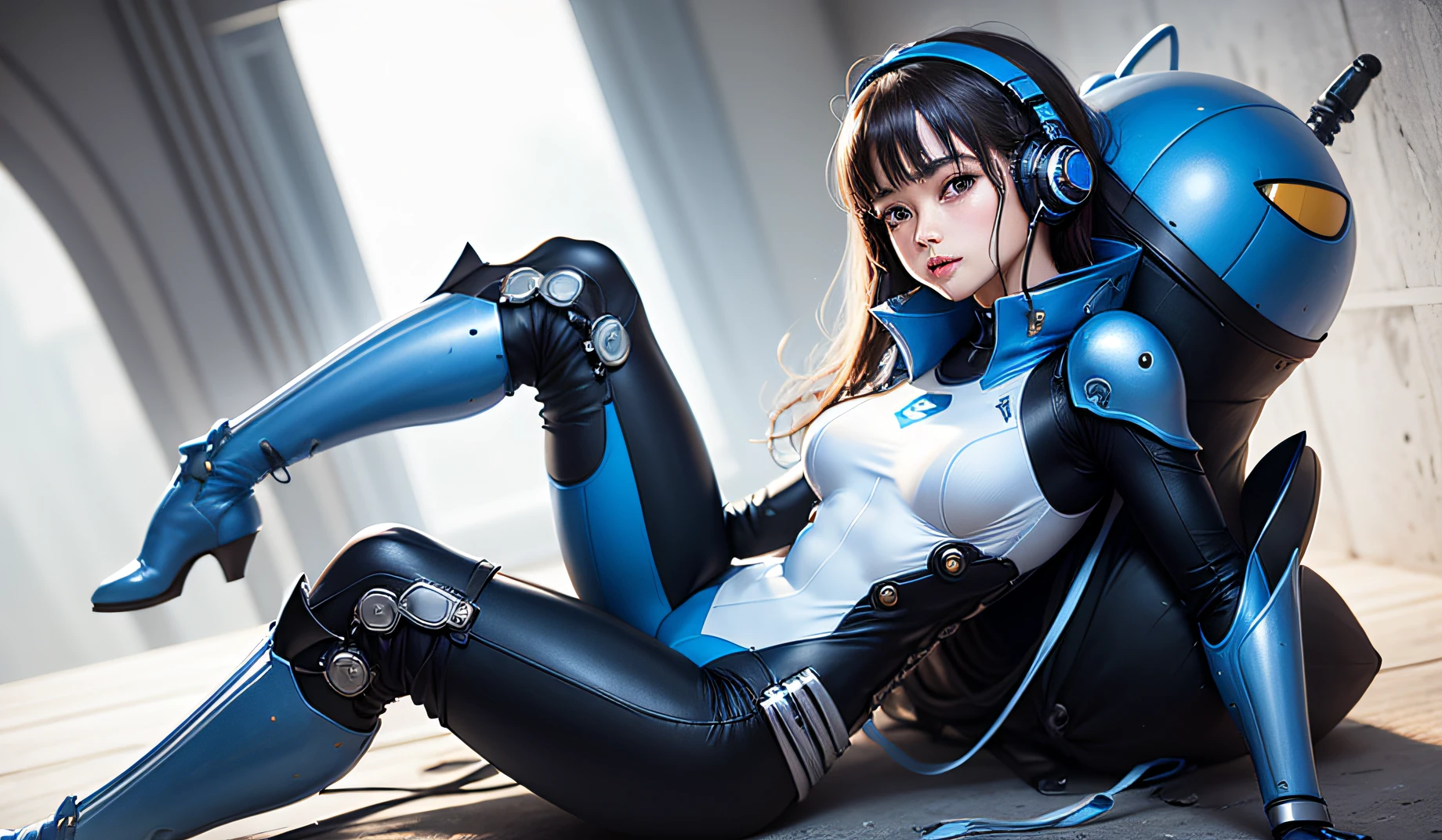 (шедевр、beste-Qualit、Top resolution、distinct_image、Detailed details、portlate): (独奏、Lone Girl、Japan faces、short-cut、Brown hair、（the perfect body：1.4）、Glittering blue colored eyes、Pilot suit in white and blue colors、Tight Fit Clothing、Clothing that covers the whole body、extremely delicate and beautiful、detailed skins、Slim body、exoskeleton、Gentle smile、heroine、headset on head、long boots)