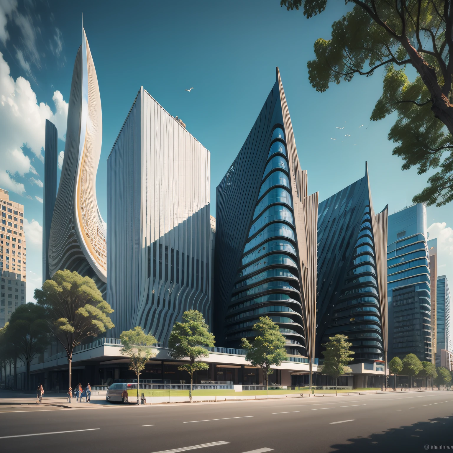 Futuristic architecture, arquitectura premiada, skyscraper architectureCity, photographic style, fotorrealismo, Alameda de plane trees, Highly detailed dream building in the architectural styles of Oscar Niemeyer and Ernst Haeckel :: arquiteturacore :: High contrast wide avenue in front full of trees, plane trees