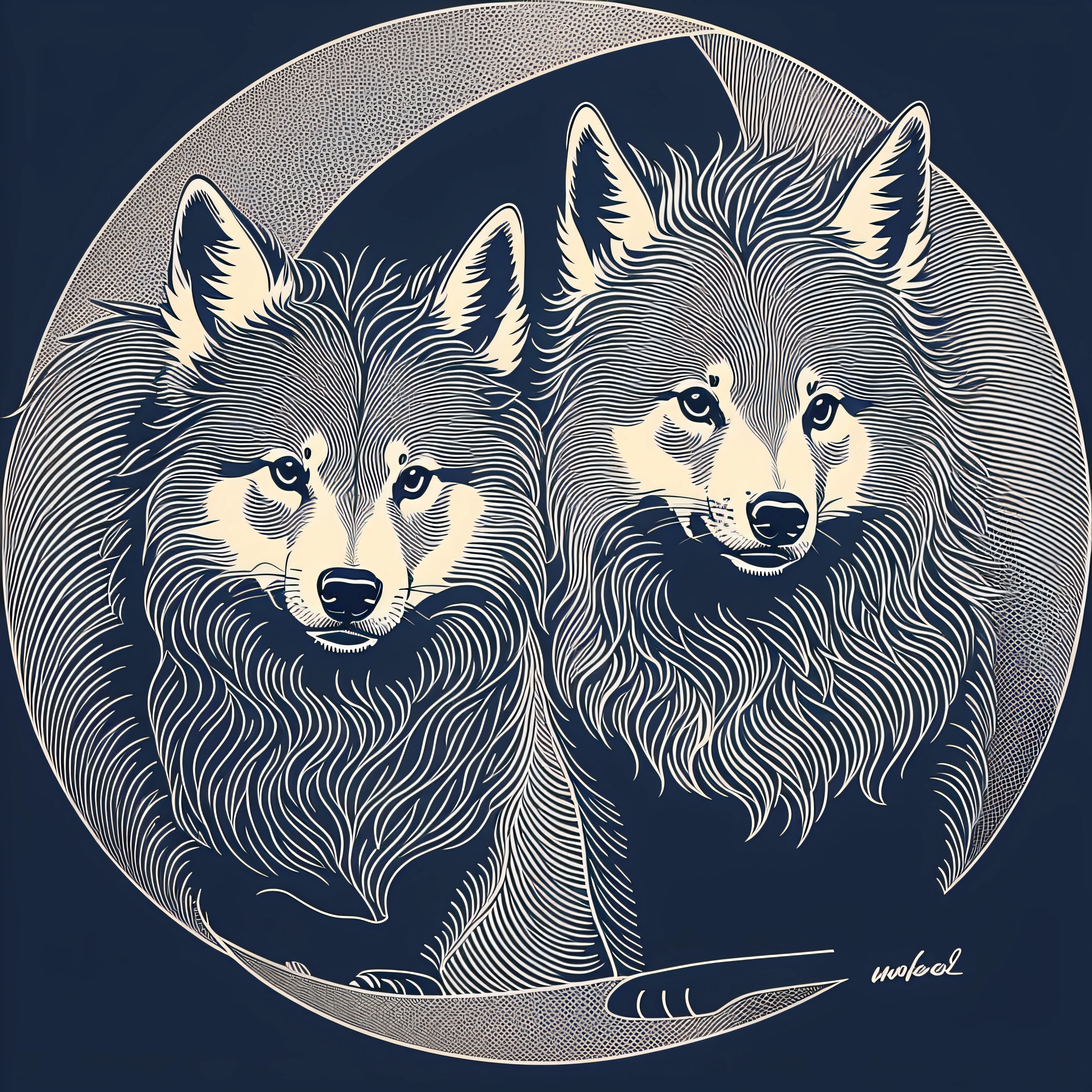 T-shirt logo, round shape,illustration of 2 wolfes, using only black lines. Delimit the shapes and characteristics of the animal with carefully drawn lines, creating an elegant and stylized look. subtle details, finer and more precise lines. transparent background